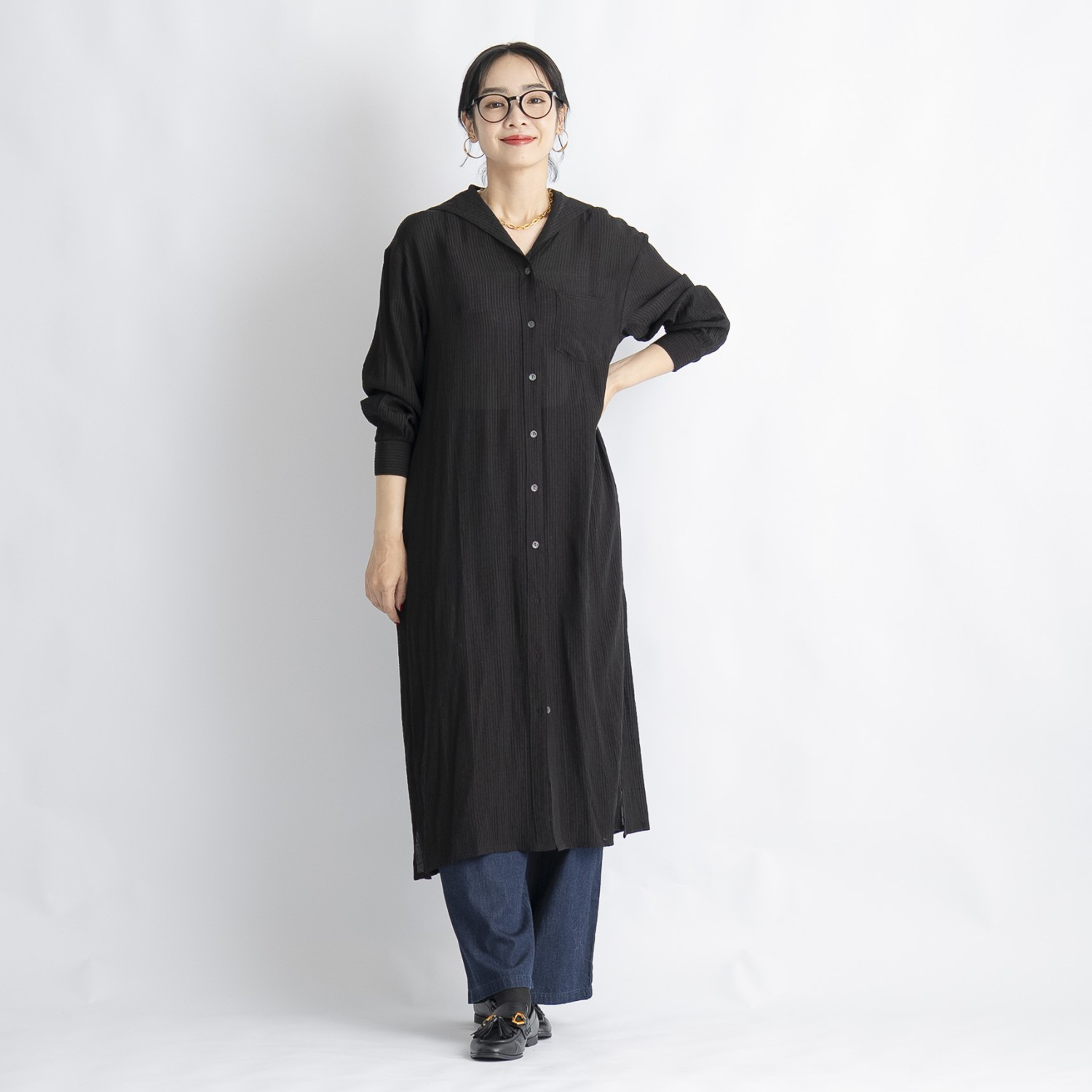 オン　ザ　エッジ セミシアーなストライプ 楊柳素材が肌に心地良い セーラーカラー 長袖ロングチュニック