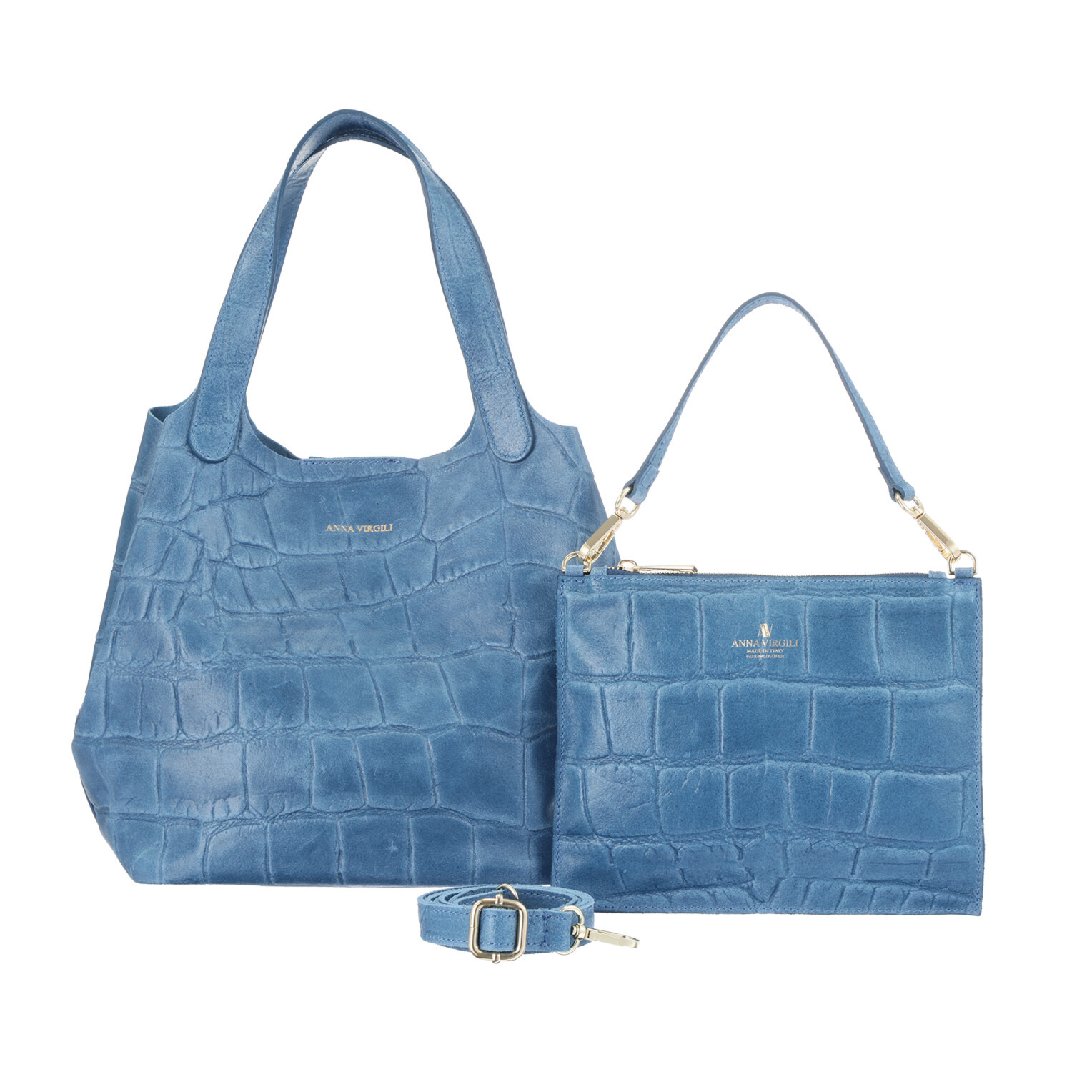 アンナヴィルジリ ＜イタリア製＞ カーフスエード クロコダイル型押し ミニバッグ付トートバッグ “ＦＲＡＮＣＡ”