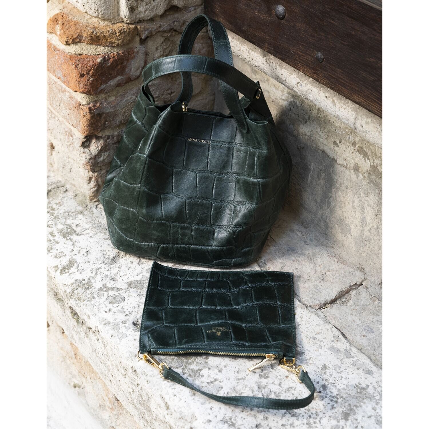アンナヴィルジリ ＜イタリア製＞ カーフスエード クロコダイル型押し ミニバッグ付トートバッグ “ＦＲＡＮＣＡ”