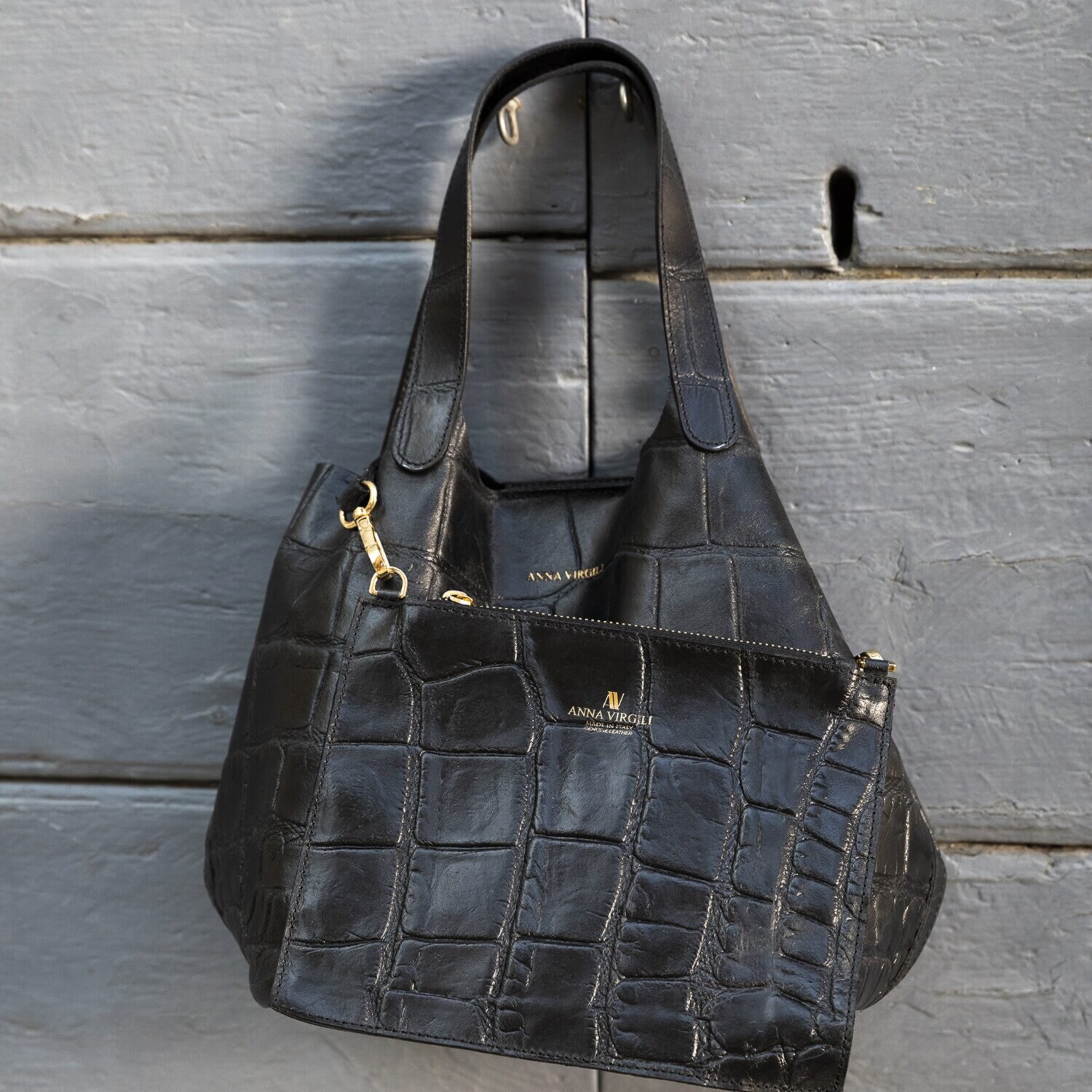 アンナヴィルジリ ＜イタリア製＞ カーフスエード クロコダイル型押し ミニバッグ付トートバッグ “ＦＲＡＮＣＡ”