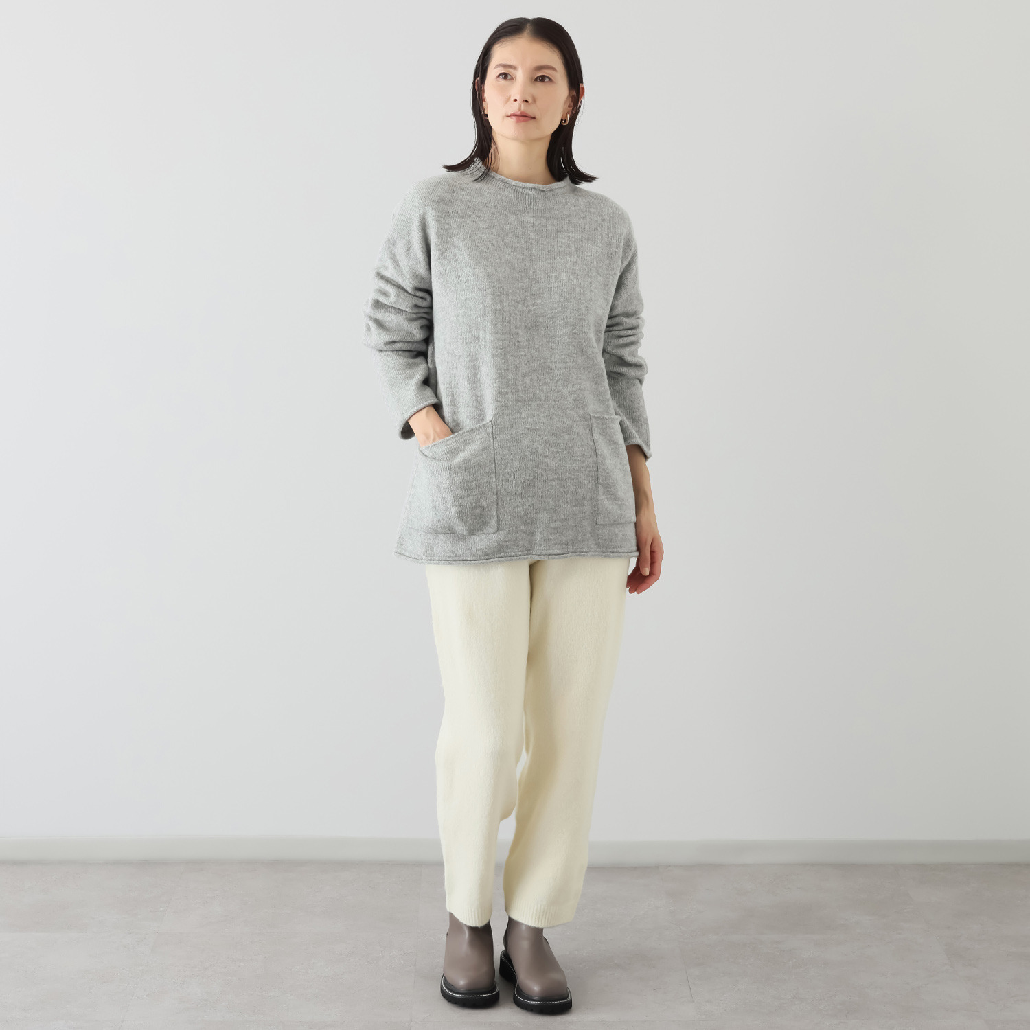 シャビージェンティール ストレッチヤーン 無縫製 ポケットアクセント チュニックプルオーバー