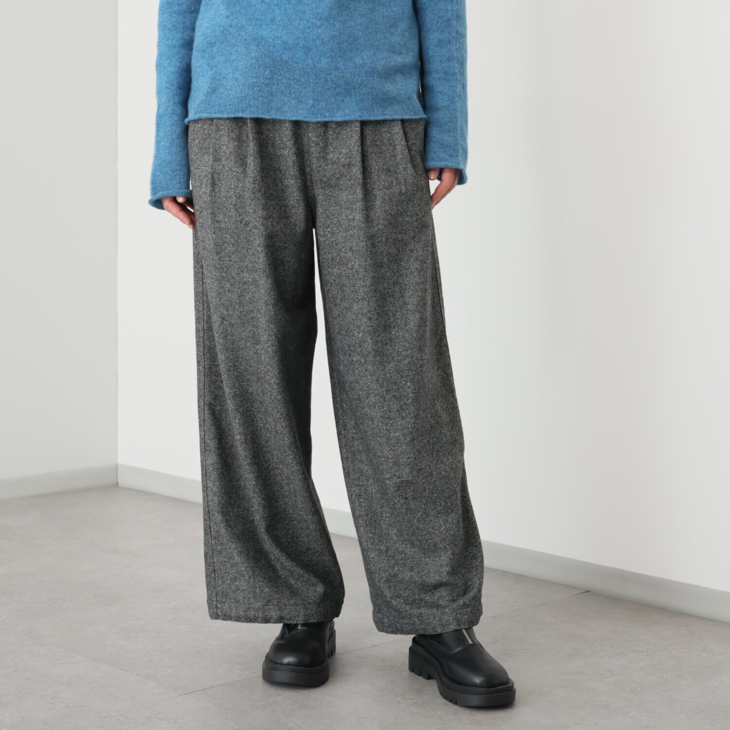 シャビージェンティール ツイード調 ワイドシルエット 裾ドローストリング付 プルオンパンツ