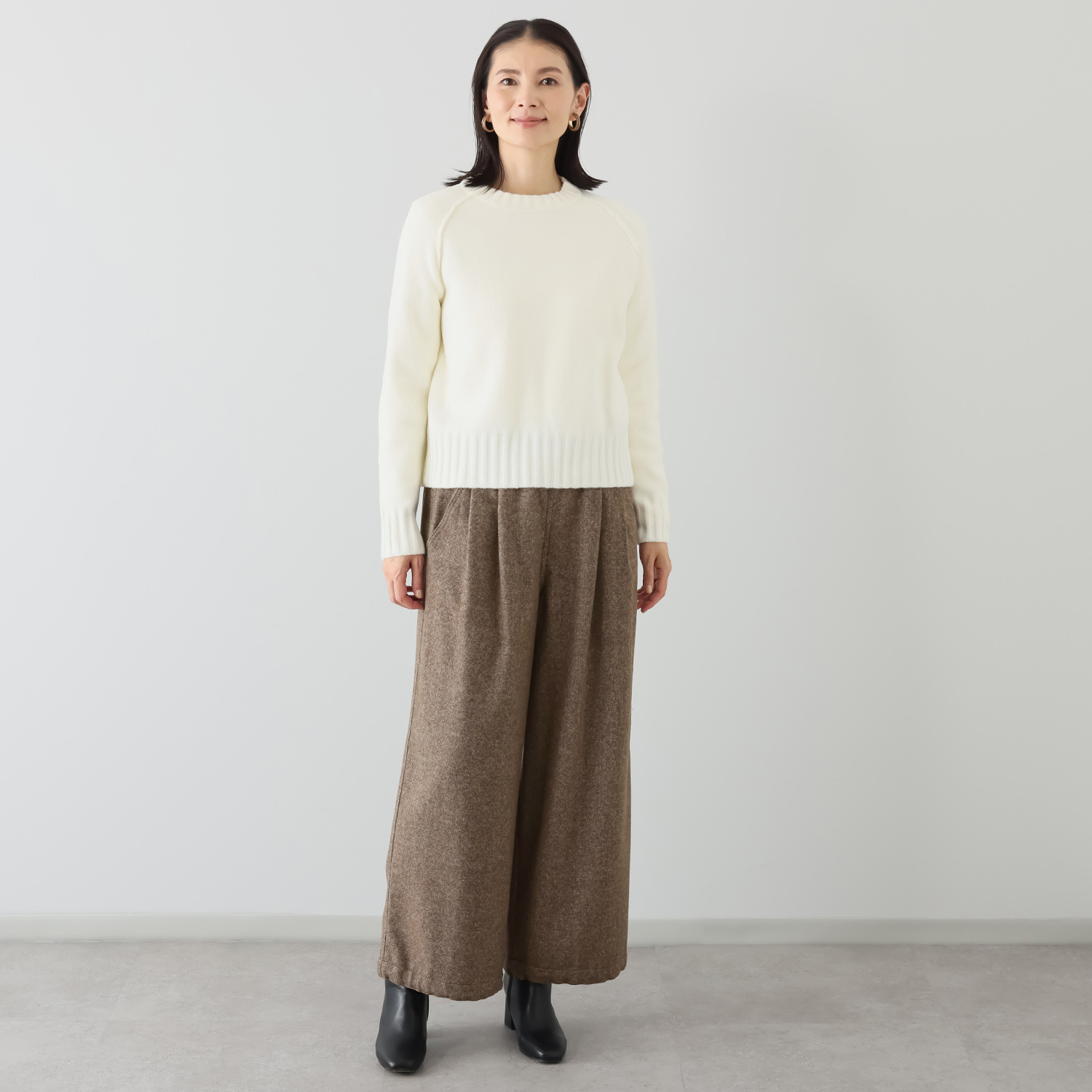 シャビージェンティール ツイード調 ワイドシルエット 裾ドローストリング付 プルオンパンツ