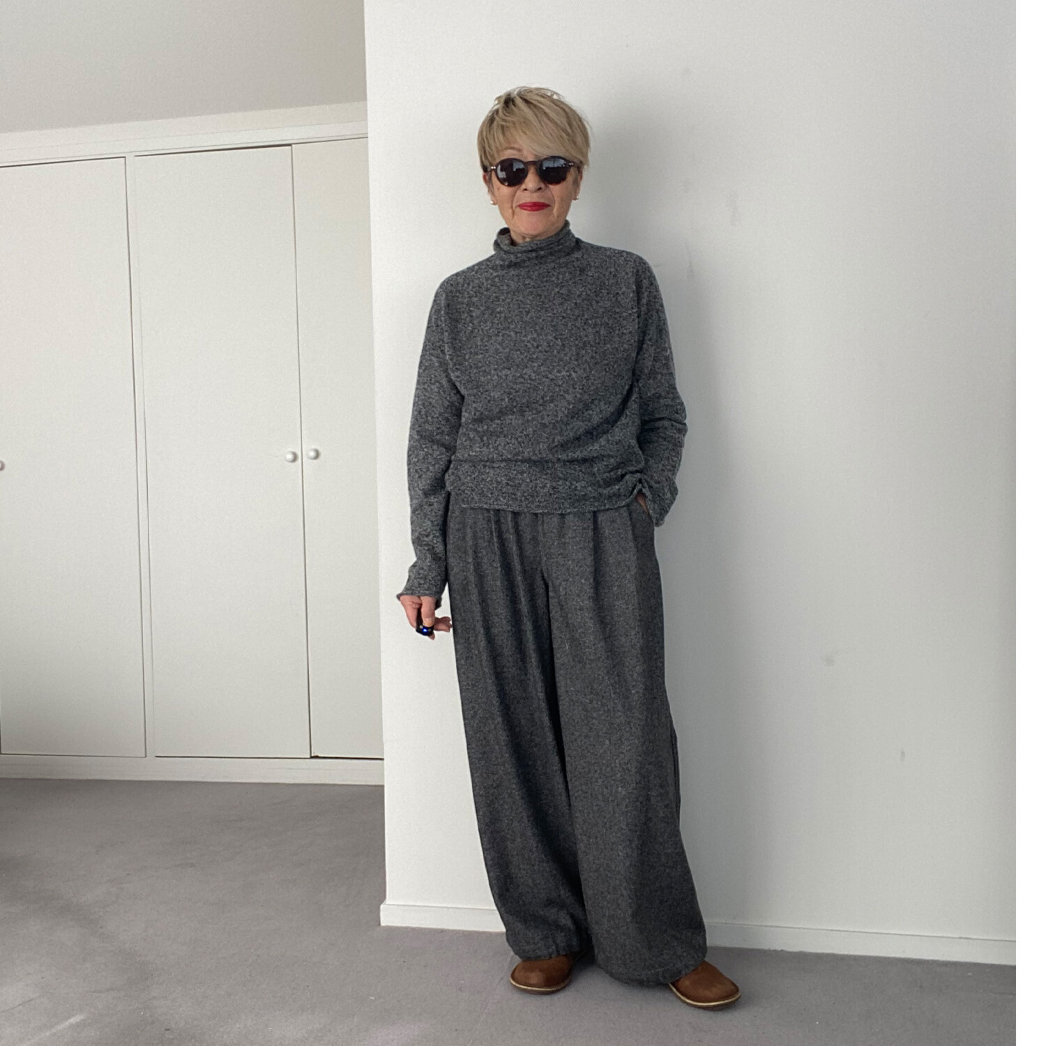 シャビージェンティール ツイード調 ワイドシルエット 裾ドローストリング付 プルオンパンツ