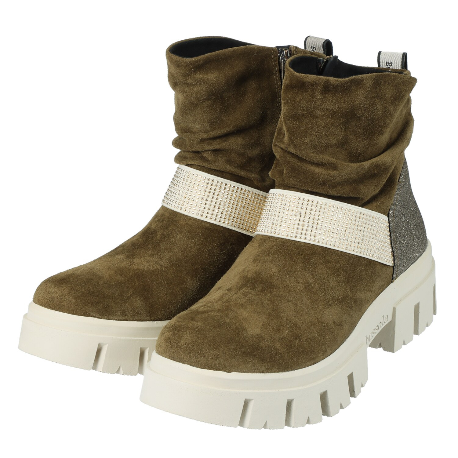 ブソラ はっ水山羊革 ラインストーンベルト ギャザーブーツ