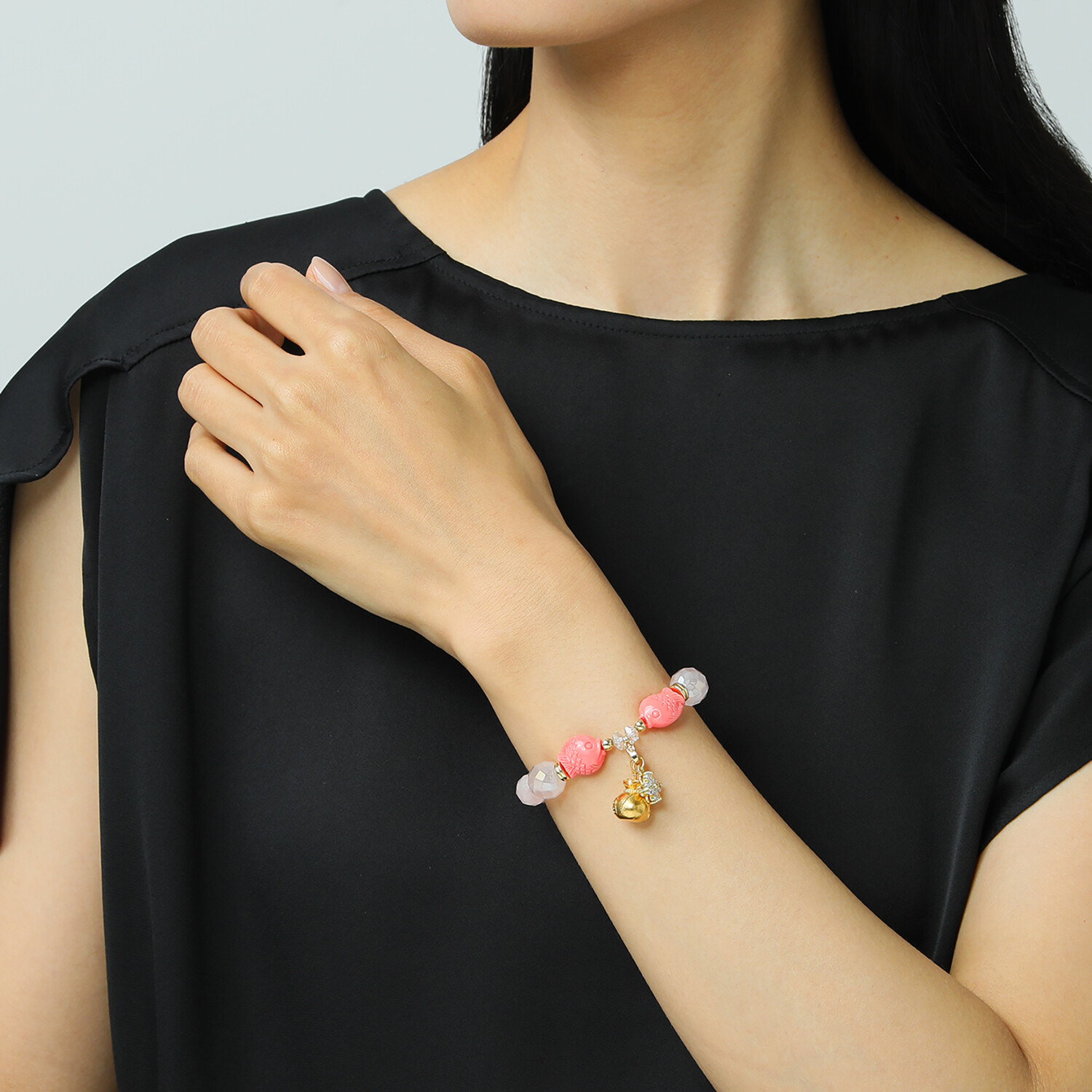 マイクローバー ローズクォーツ 福巾着＆双魚 イラスティック ブレスレット