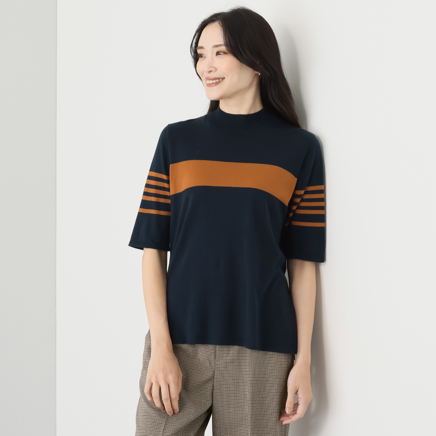 エムジェイアール　バイ マチコ　ジント　ロンドン 配色アクセント 五分袖ニットプルオーバー