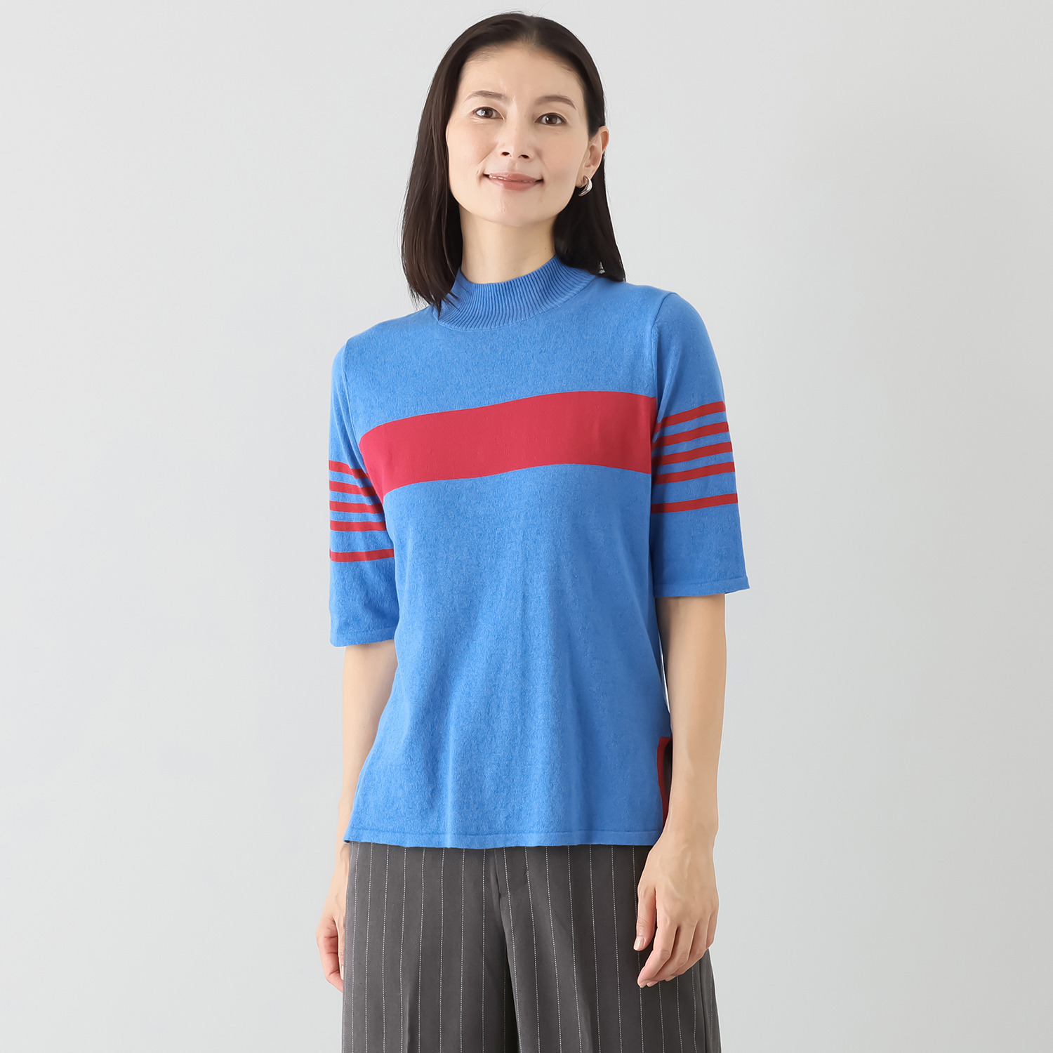 エムジェイアール　バイ マチコ　ジント　ロンドン 配色アクセント 五分袖ニットプルオーバー