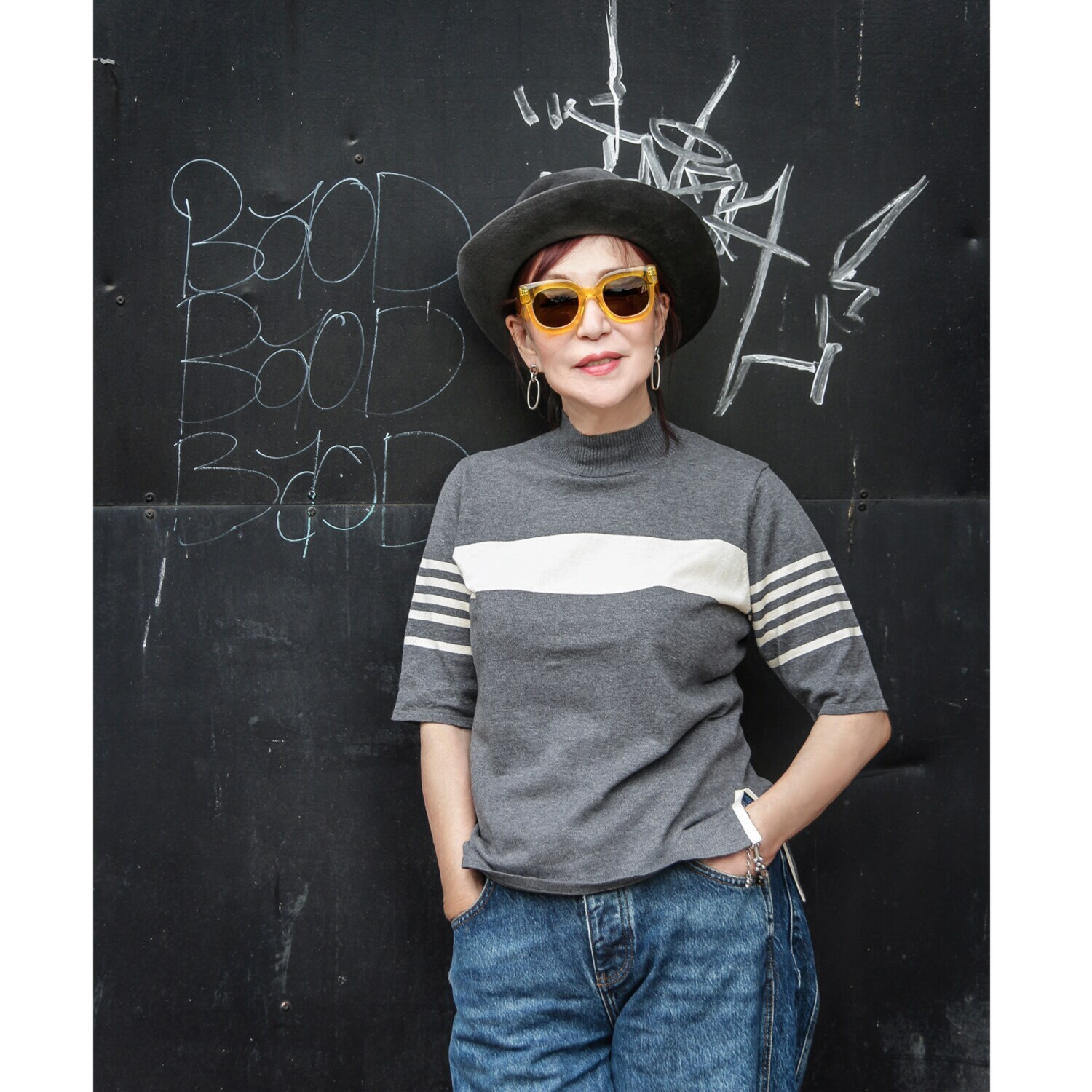 エムジェイアール　バイ マチコ　ジント　ロンドン 配色アクセント 五分袖ニットプルオーバー