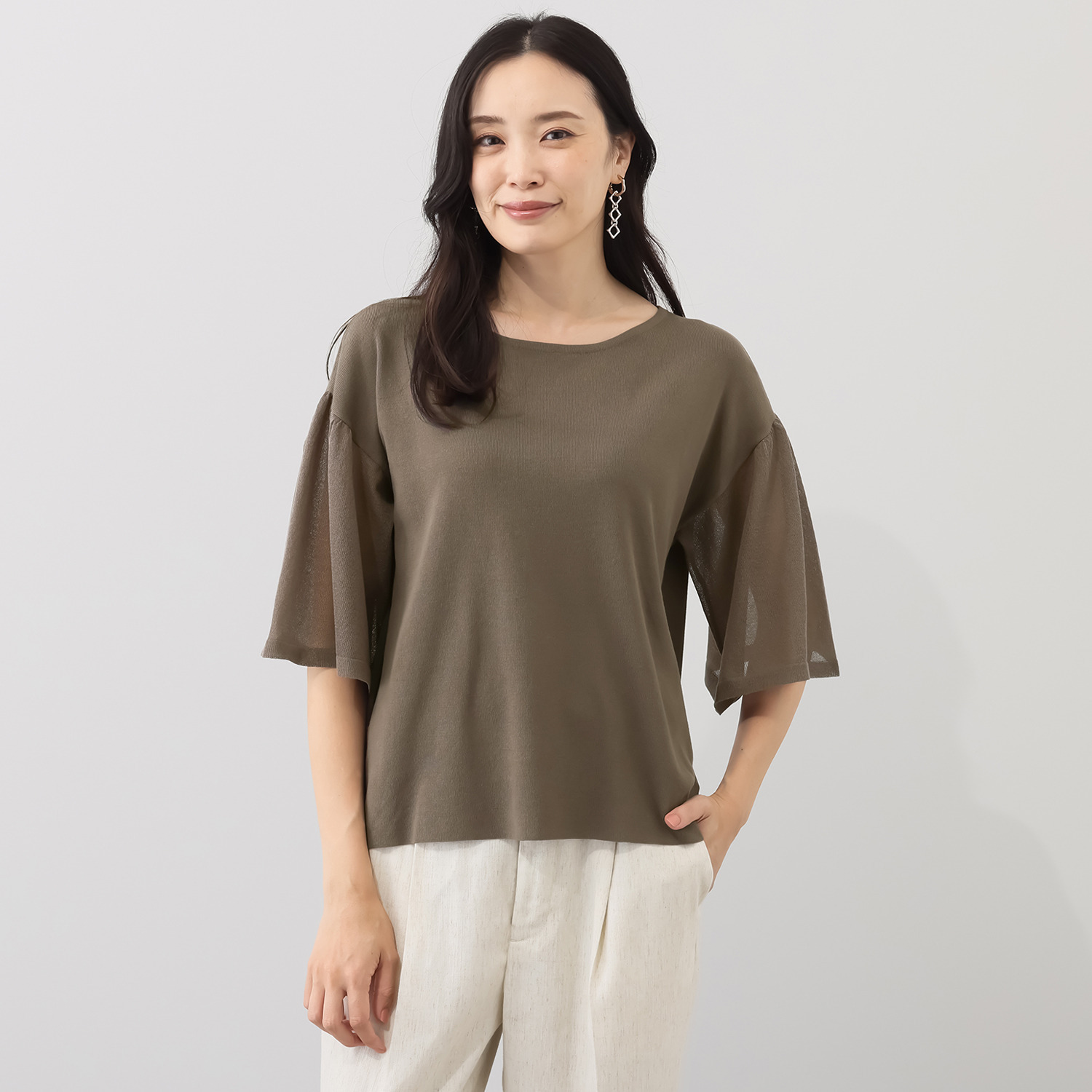 ミューリエ ゆるっと上品で おしゃれ見え 袖シアー ニットプルオーバー