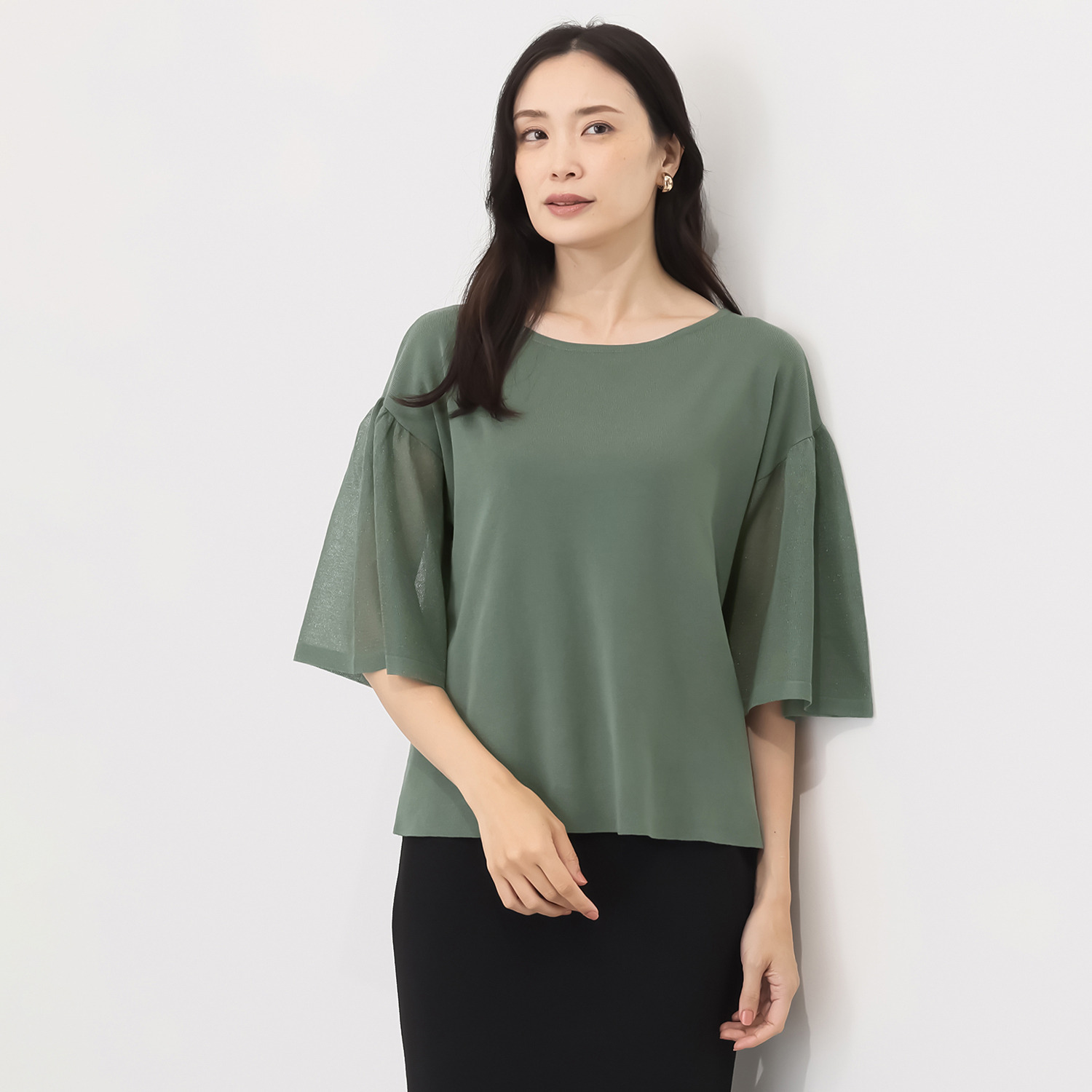 ミューリエ ゆるっと上品で おしゃれ見え 袖シアー ニットプルオーバー