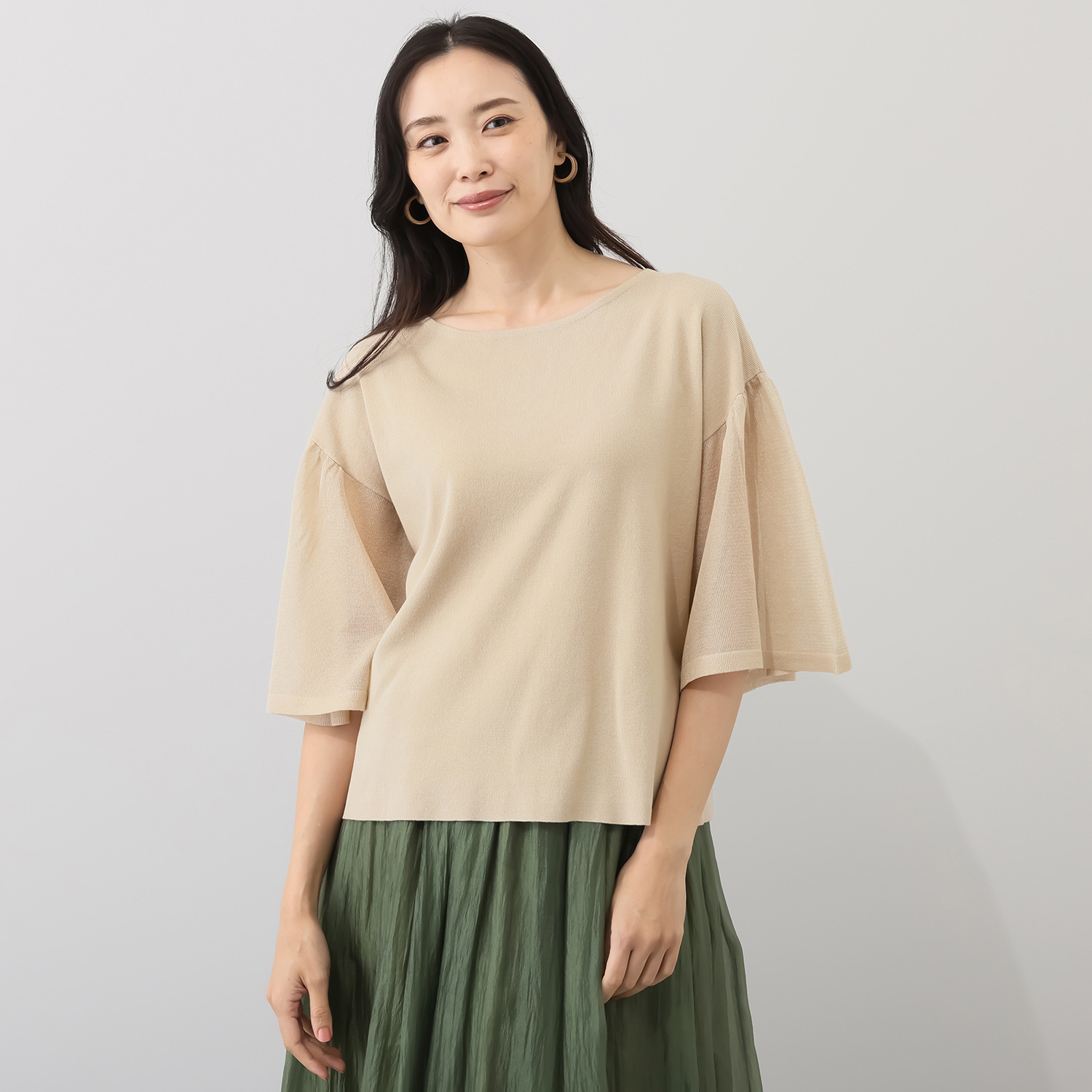 ミューリエ ゆるっと上品で おしゃれ見え 袖シアー ニットプルオーバー