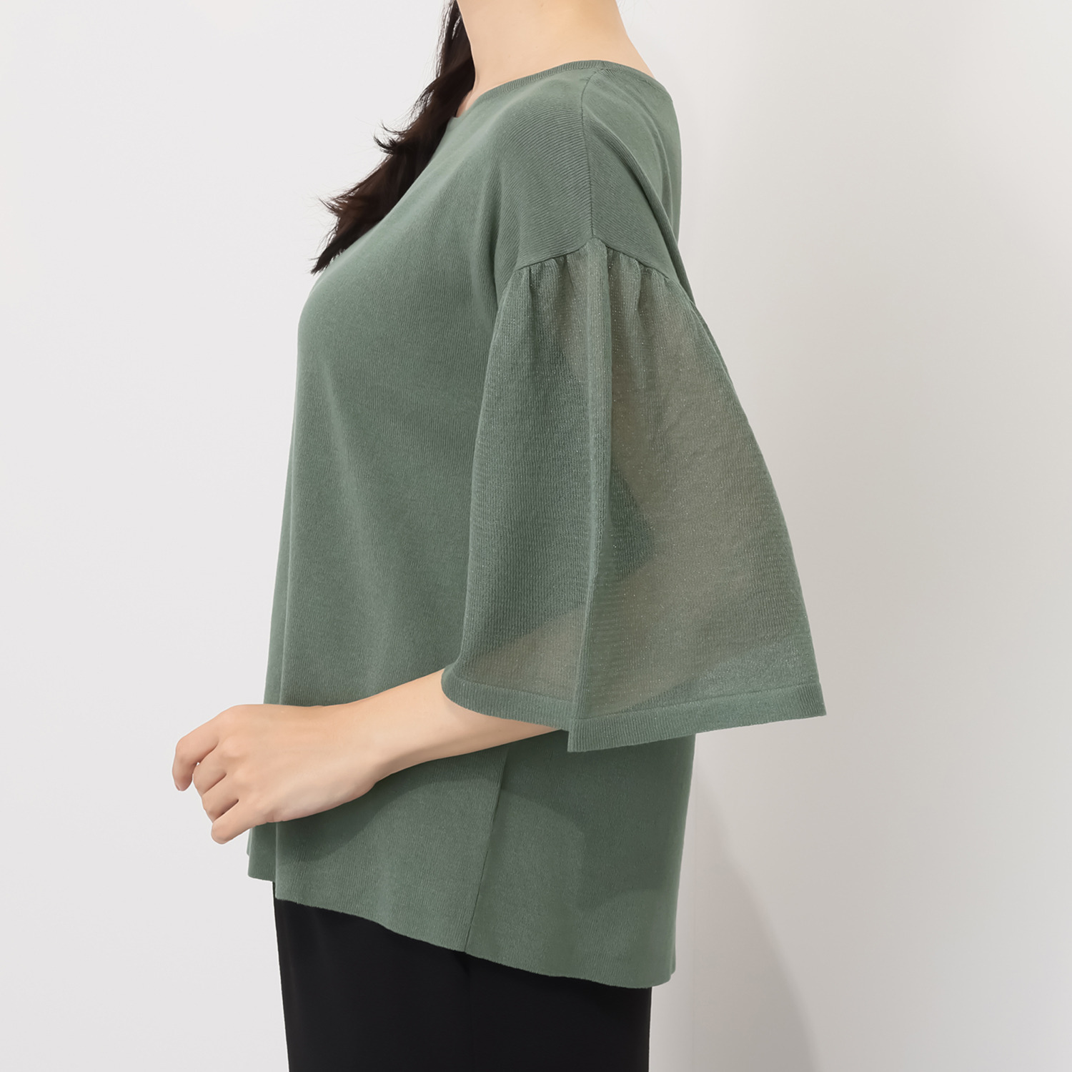 ミューリエ ゆるっと上品で おしゃれ見え 袖シアー ニットプルオーバー