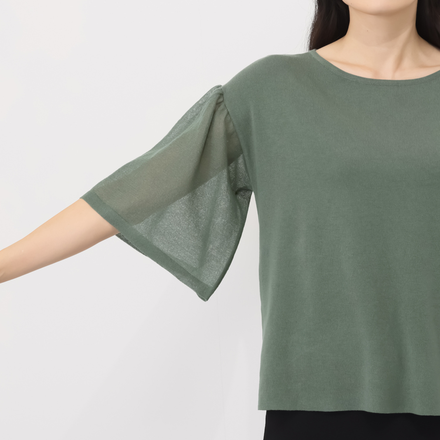 ミューリエ ゆるっと上品で おしゃれ見え 袖シアー ニットプルオーバー