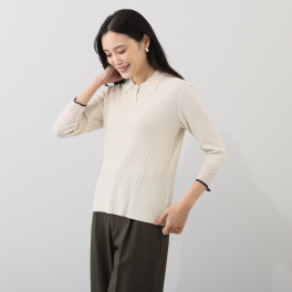 ミューリエ “女っポロ”で スマートきれい 袖口コンビ ポロシャツ風 ニットプルオーバー