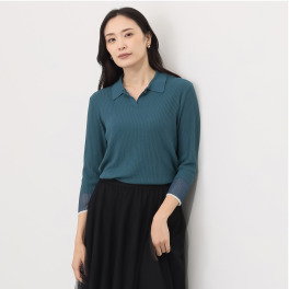 ミューリエ “女っポロ”で スマートきれい 袖口コンビ ポロシャツ風 ニットプルオーバー