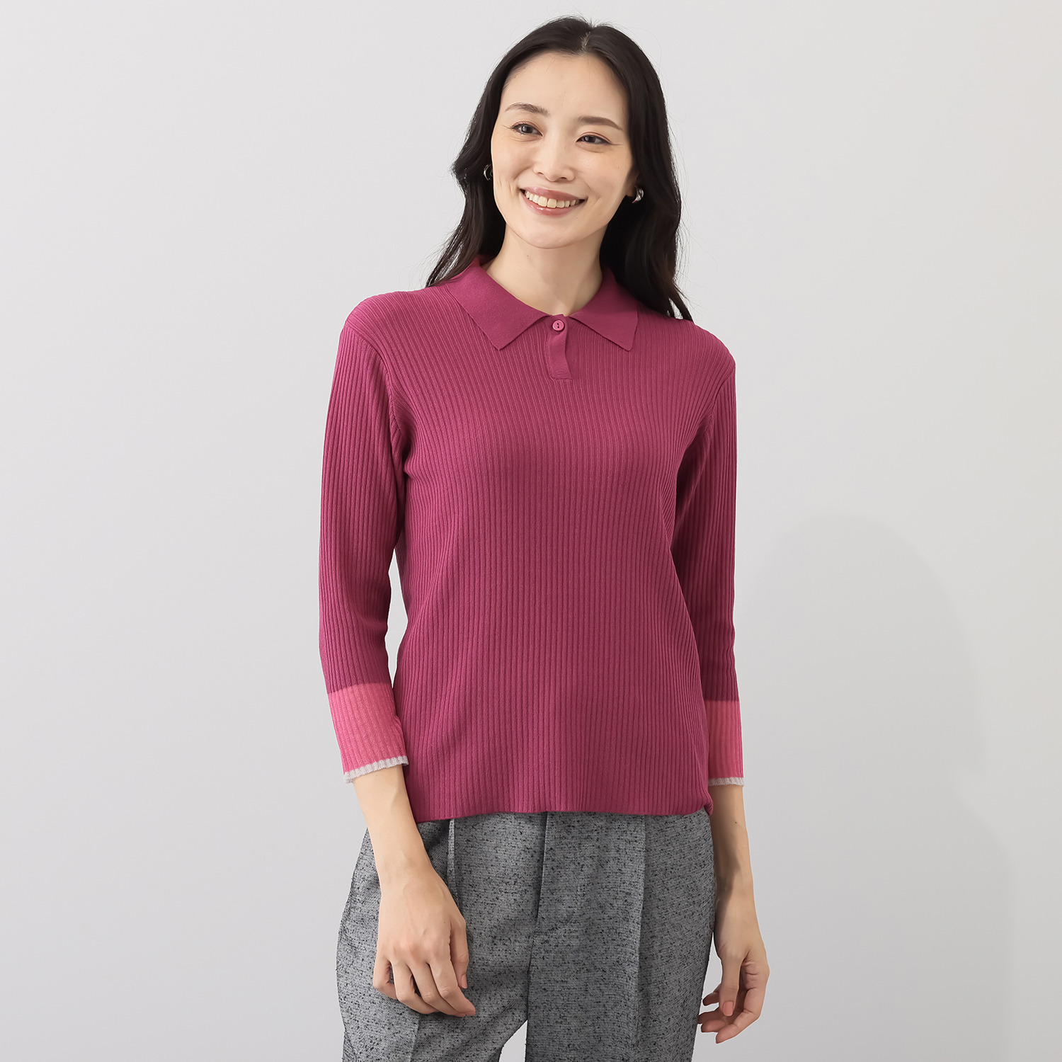ミューリエ “女っポロ”で スマートきれい 袖口コンビ ポロシャツ風 ニットプルオーバー