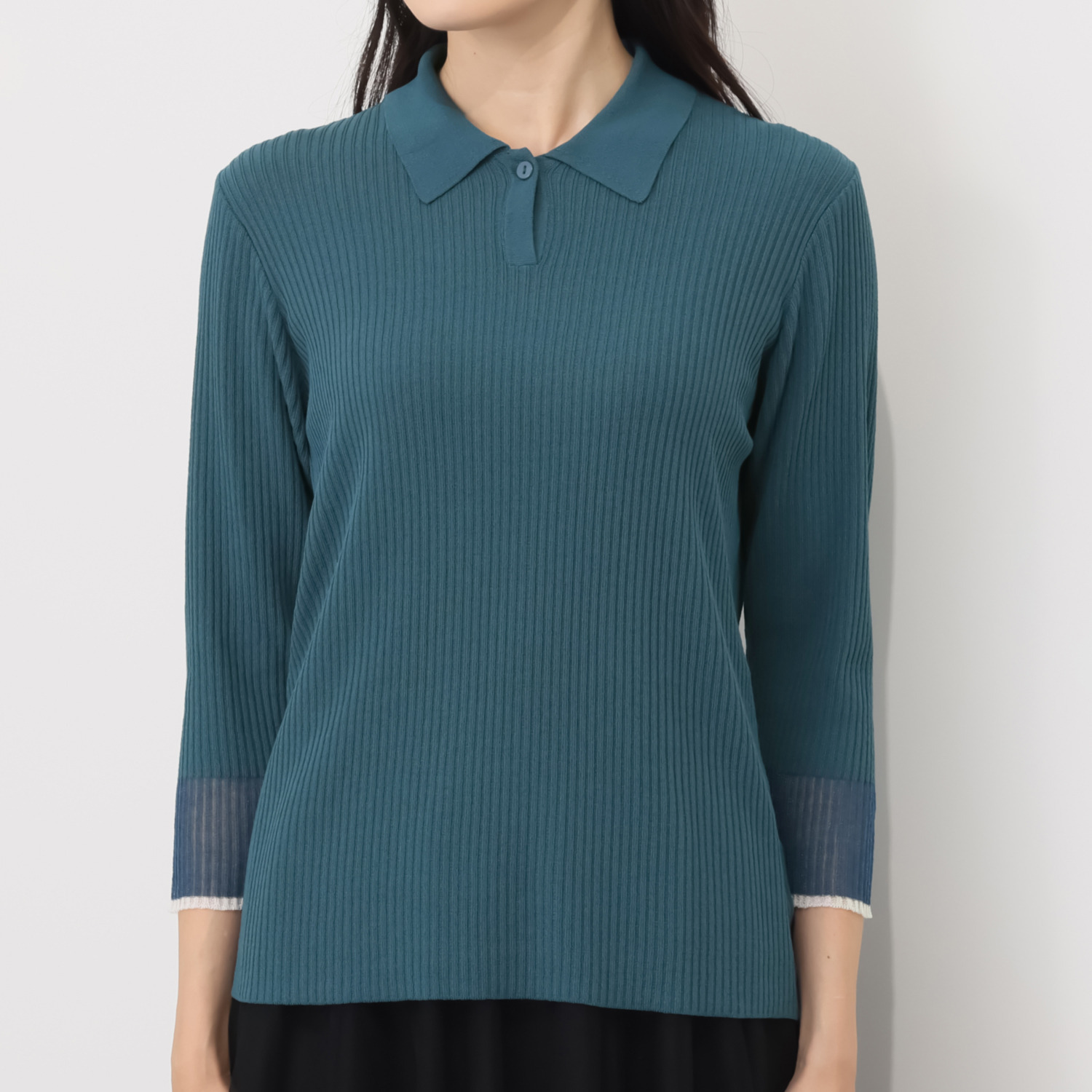 ミューリエ “女っポロ”で スマートきれい 袖口コンビ ポロシャツ風 ニットプルオーバー