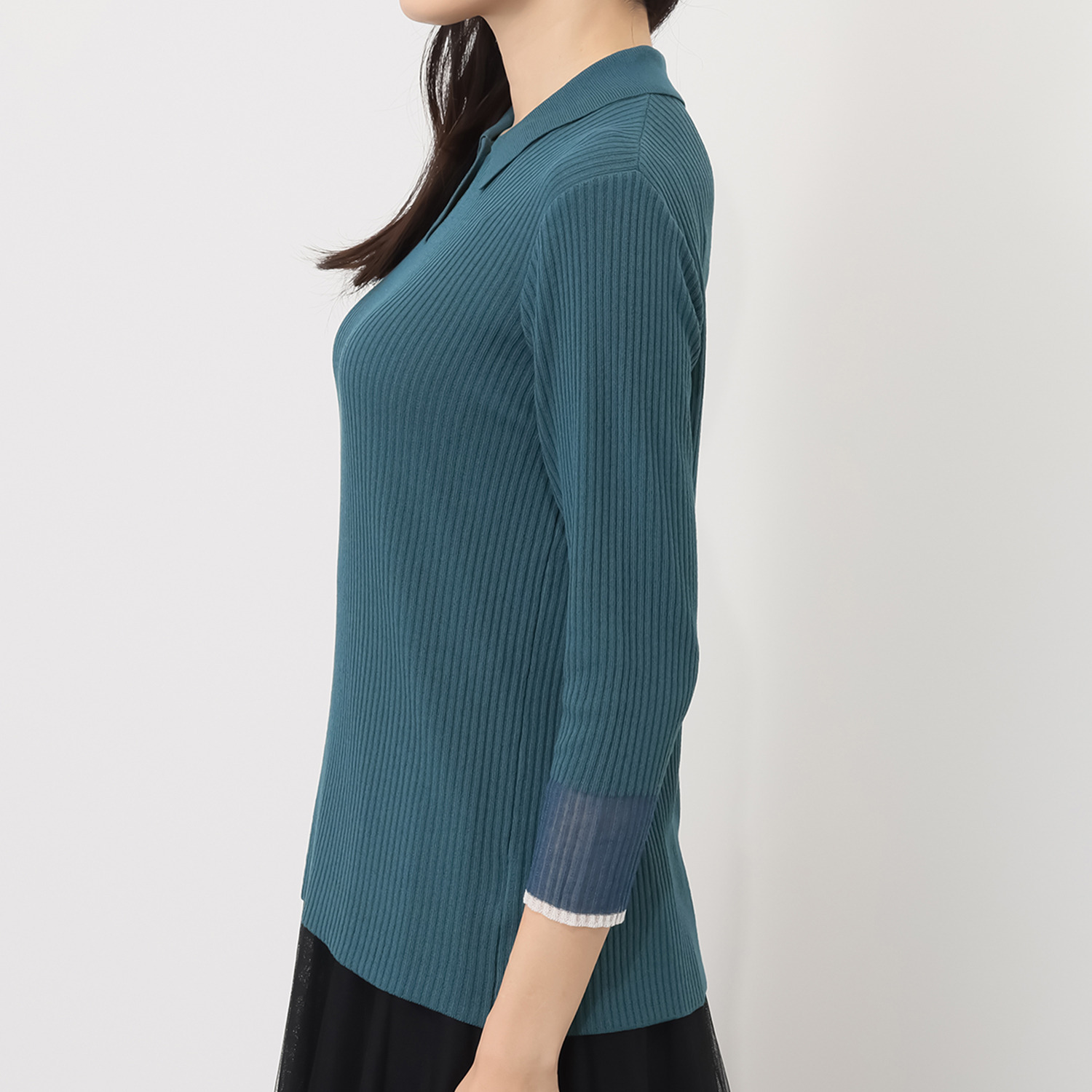 ミューリエ “女っポロ”で スマートきれい 袖口コンビ ポロシャツ風 ニットプルオーバー