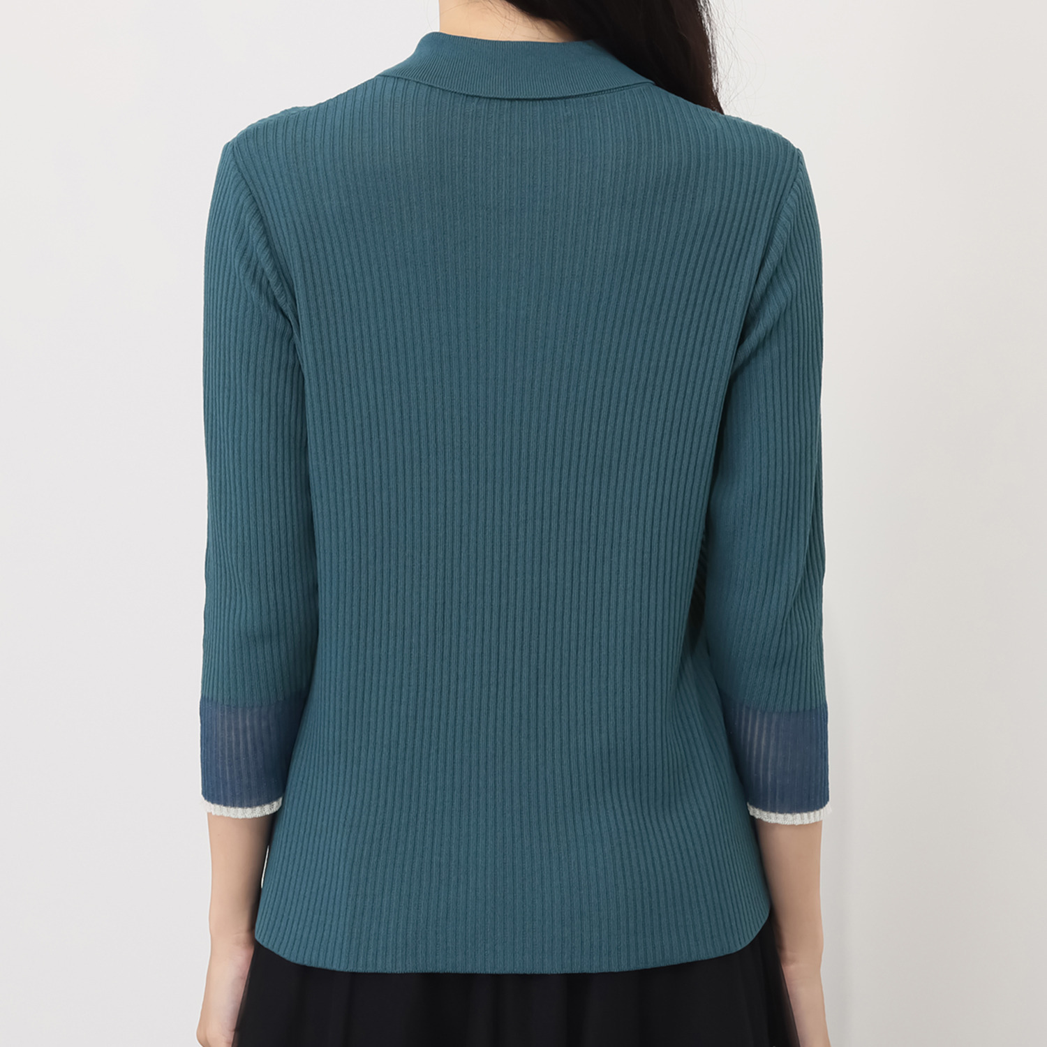 ミューリエ “女っポロ”で スマートきれい 袖口コンビ ポロシャツ風 ニットプルオーバー