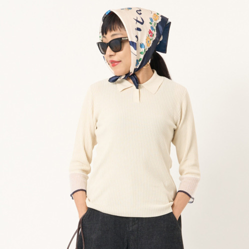 ミューリエ "女っポロ"で スマートきれい 袖口コンビ ポロシャツ風 ニットプルオーバー ミューリエ "女っポロ"で スマートきれい 袖口コンビ ポロシャツ風 ニットプルオーバー