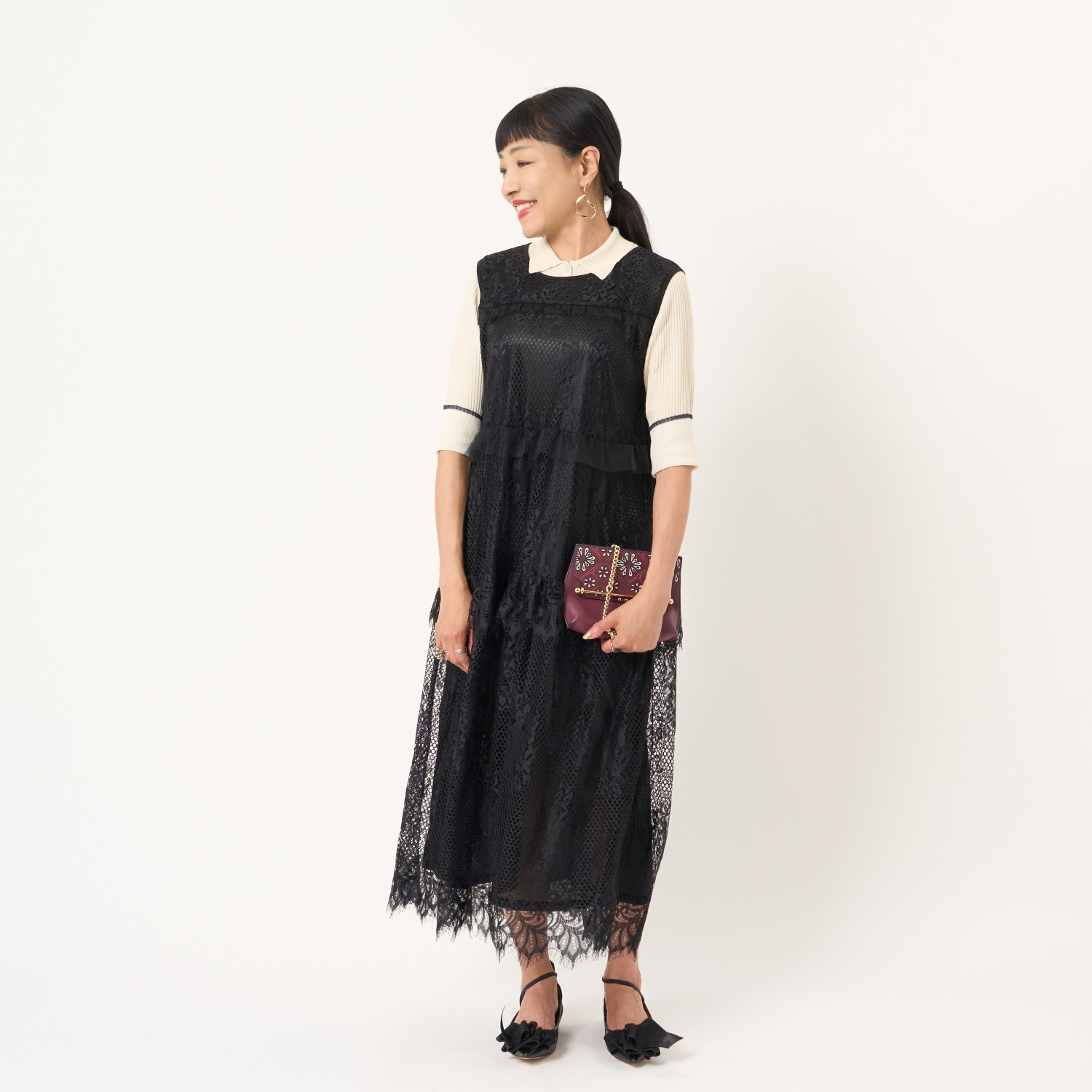 ミューリエ “女っポロ”で スマートきれい 袖口コンビ ポロシャツ風 ニットプルオーバー