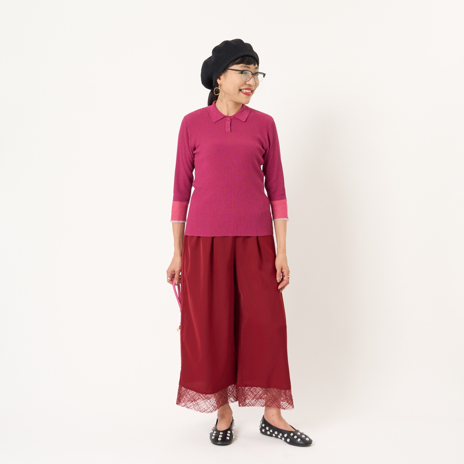 ミューリエ “女っポロ”で スマートきれい 袖口コンビ ポロシャツ風 ニットプルオーバー