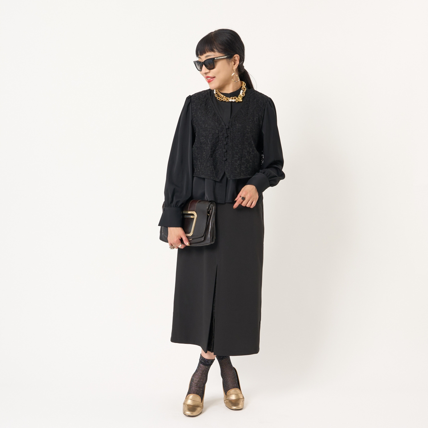 ミューリエ クラス感のある 華やぎジレ レイヤード風 デザインシャツ