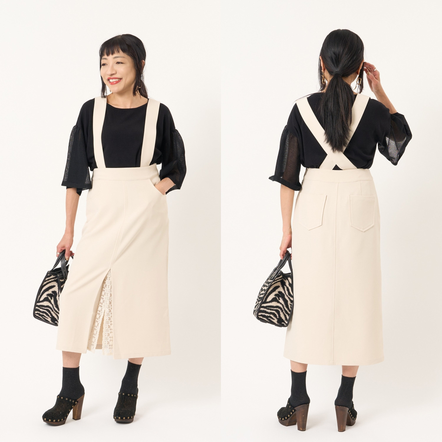 ミューリエ エレガントに スタイルアップ サロペット風 スカート