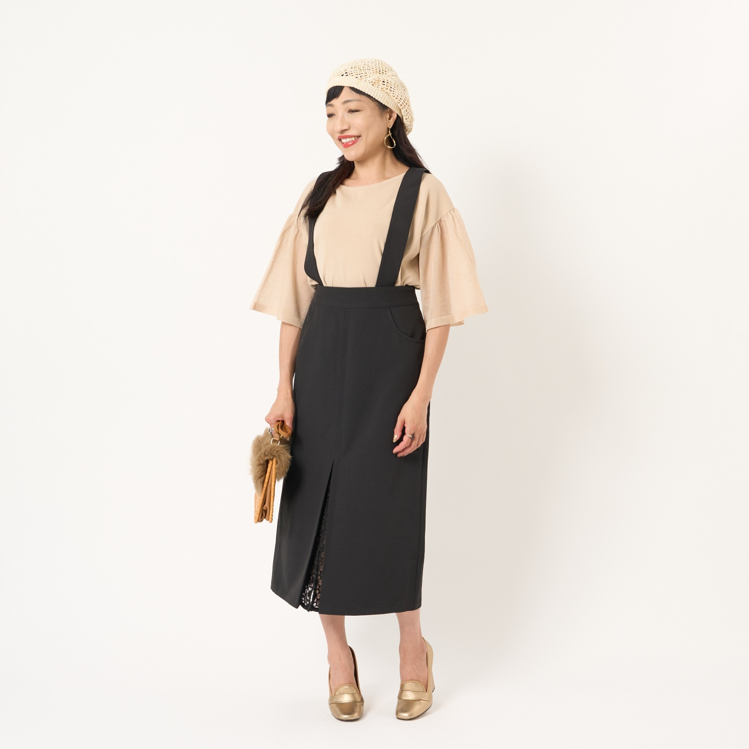 ミューリエ エレガントに スタイルアップ サロペット風 スカート