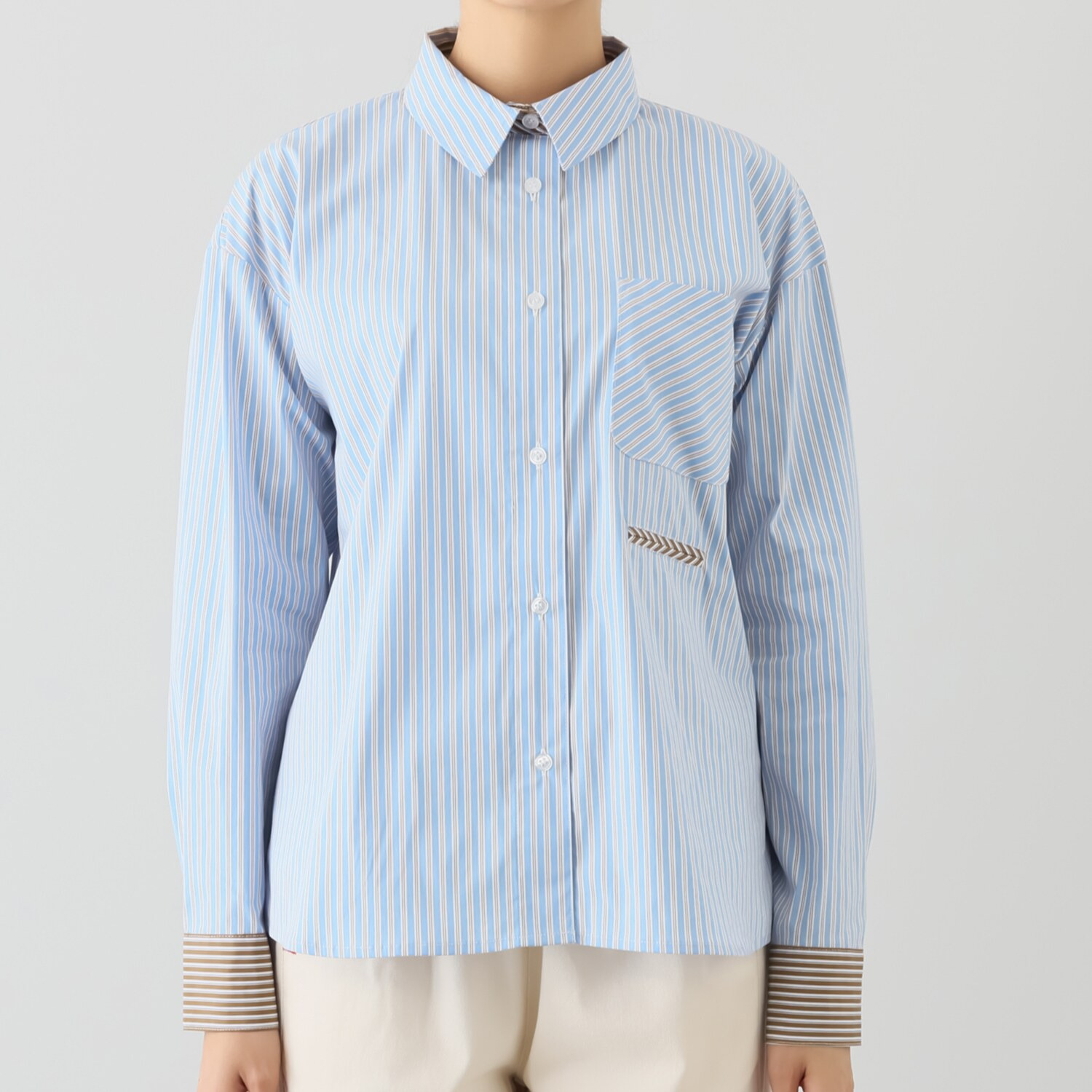 ヴィ・ドゥース オータムフレンチ 配色切替 コットンブレンド ストレッチシャツ