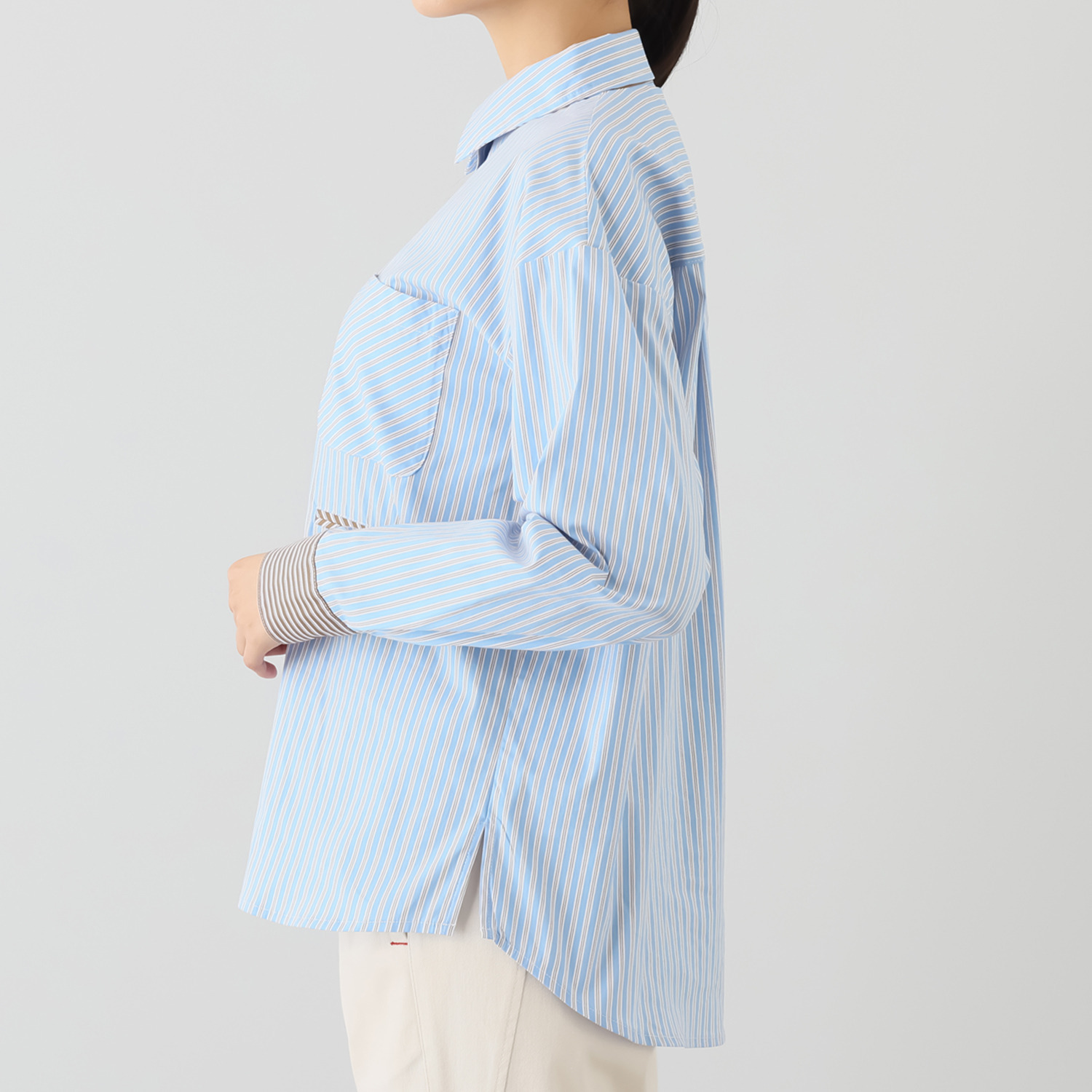 ヴィ・ドゥース オータムフレンチ 配色切替 コットンブレンド ストレッチシャツ