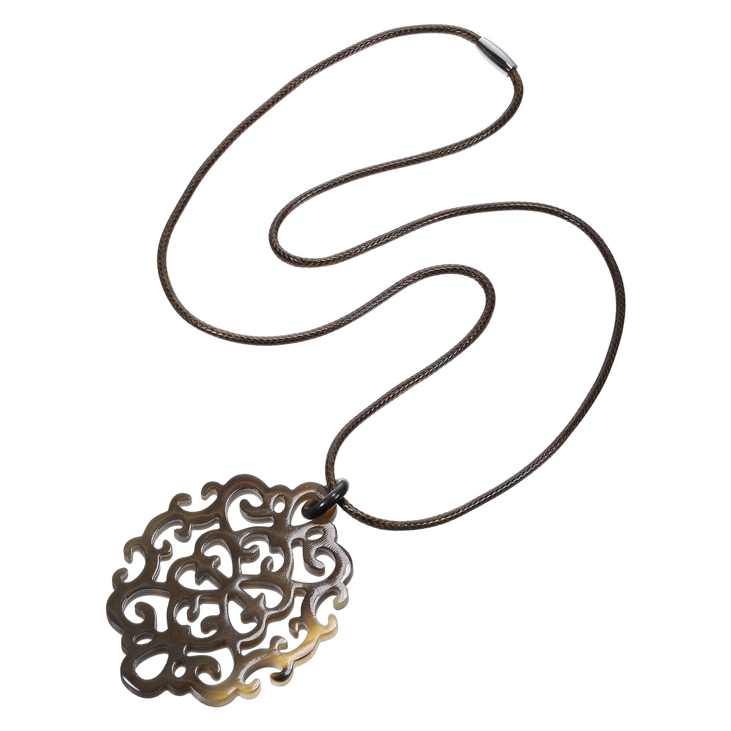 ミル・レーヴ 水牛 アラベスクフラワー 透かし彫り ロングコードペンダント