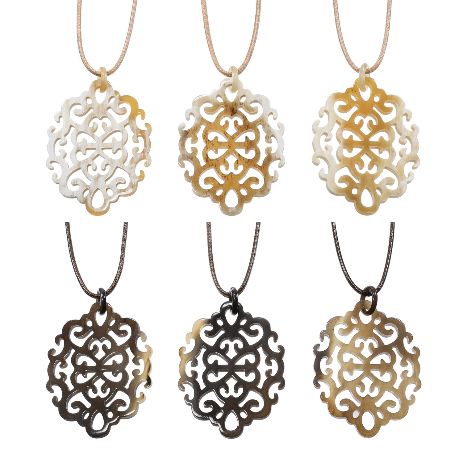 ミル・レーヴ 水牛 アラベスクフラワー 透かし彫り ロングコードペンダント
