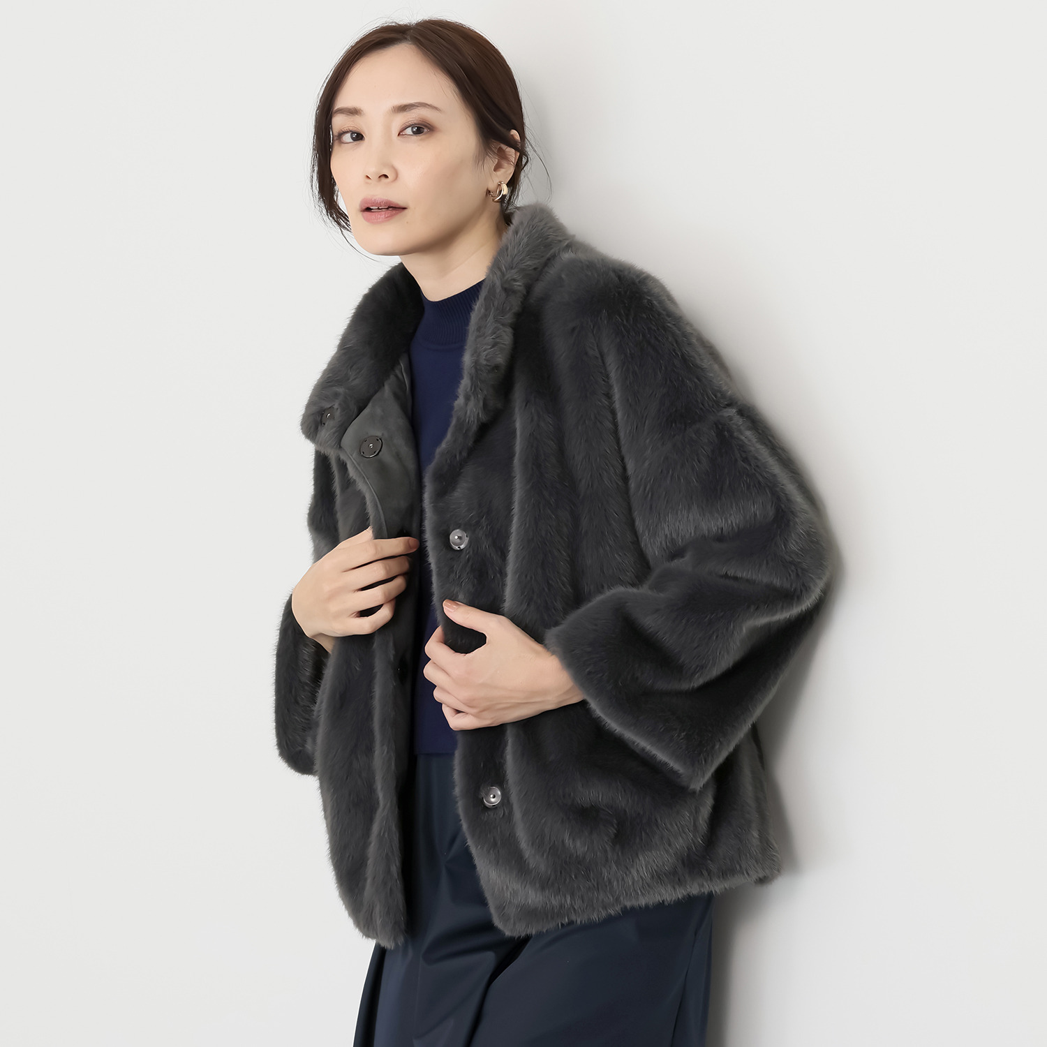 元町ゼラール こだわりの華やか素材 ミンク調フェイクファー スタンドネック ジャケット