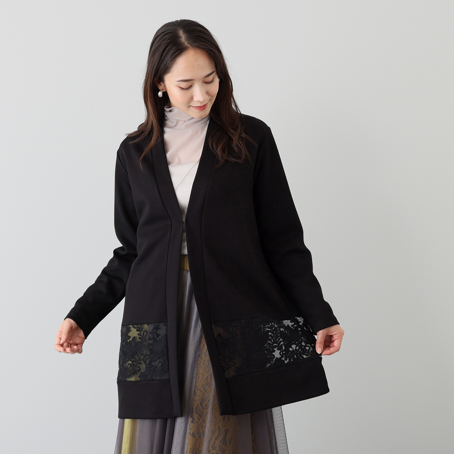 メゾン馬里邑 オーガンジー 刺しゅうレースアクセント ポンチローマドッキング ロングカーディガン