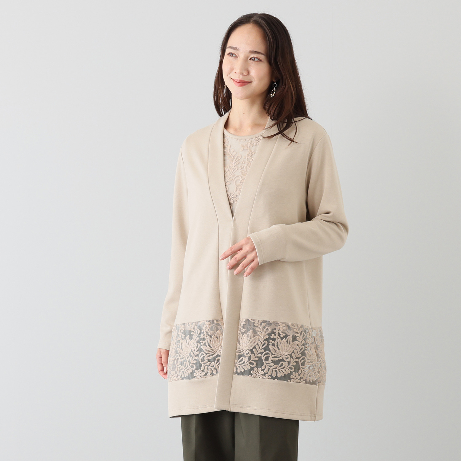 メゾン馬里邑 オーガンジー 刺しゅうレースアクセント ポンチローマドッキング ロングカーディガン