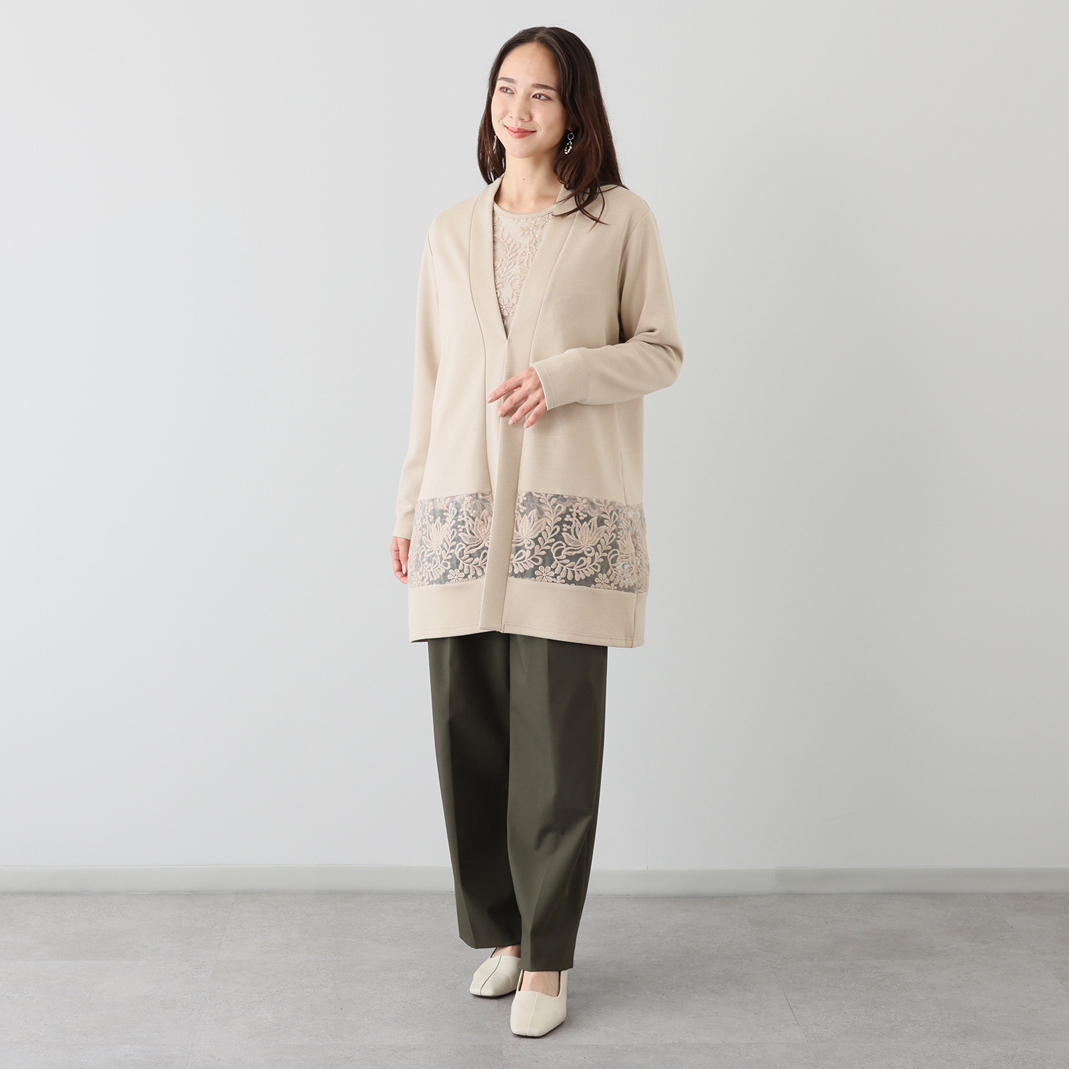 メゾン馬里邑 オーガンジー 刺しゅうレースアクセント ポンチローマドッキング ロングカーディガン