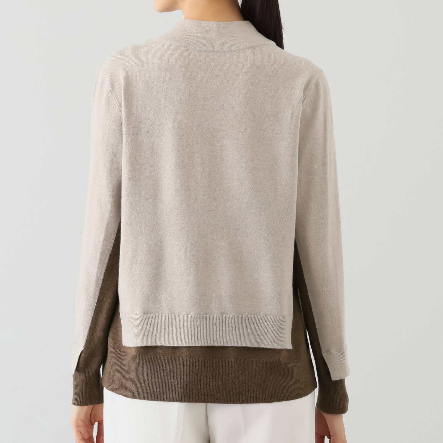 メゾン馬里邑 立体レースアクセント インターシャ バイカラー切替 モックネック ニットプルオーバー