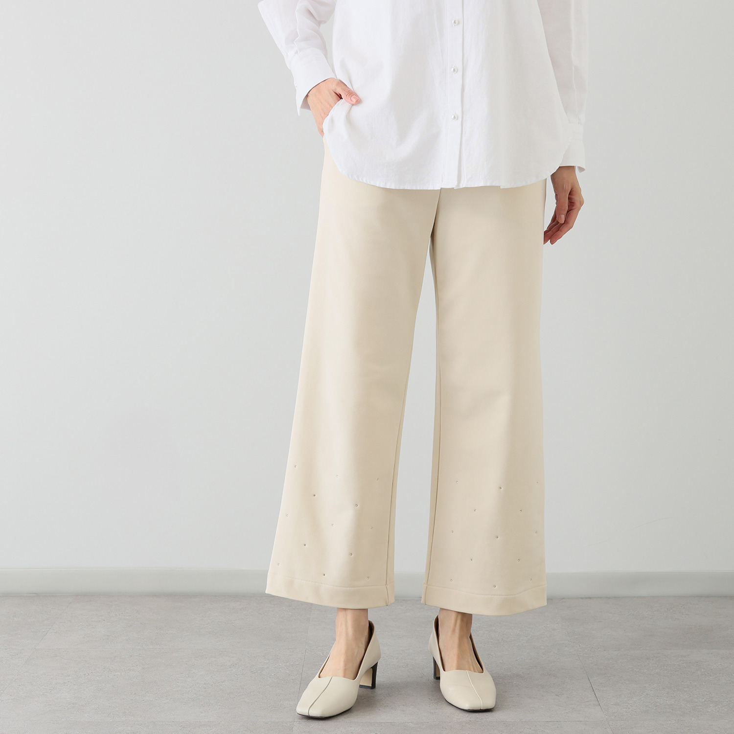 メゾン馬里邑 日本製 ラインストーンアクセント 裏起毛ジャージー パンツ