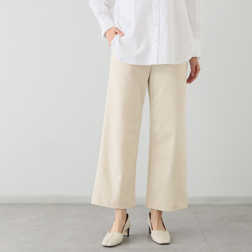 メゾン馬里邑　日本製　ラインストーンアクセント　裏起毛ジャージー　パンツ