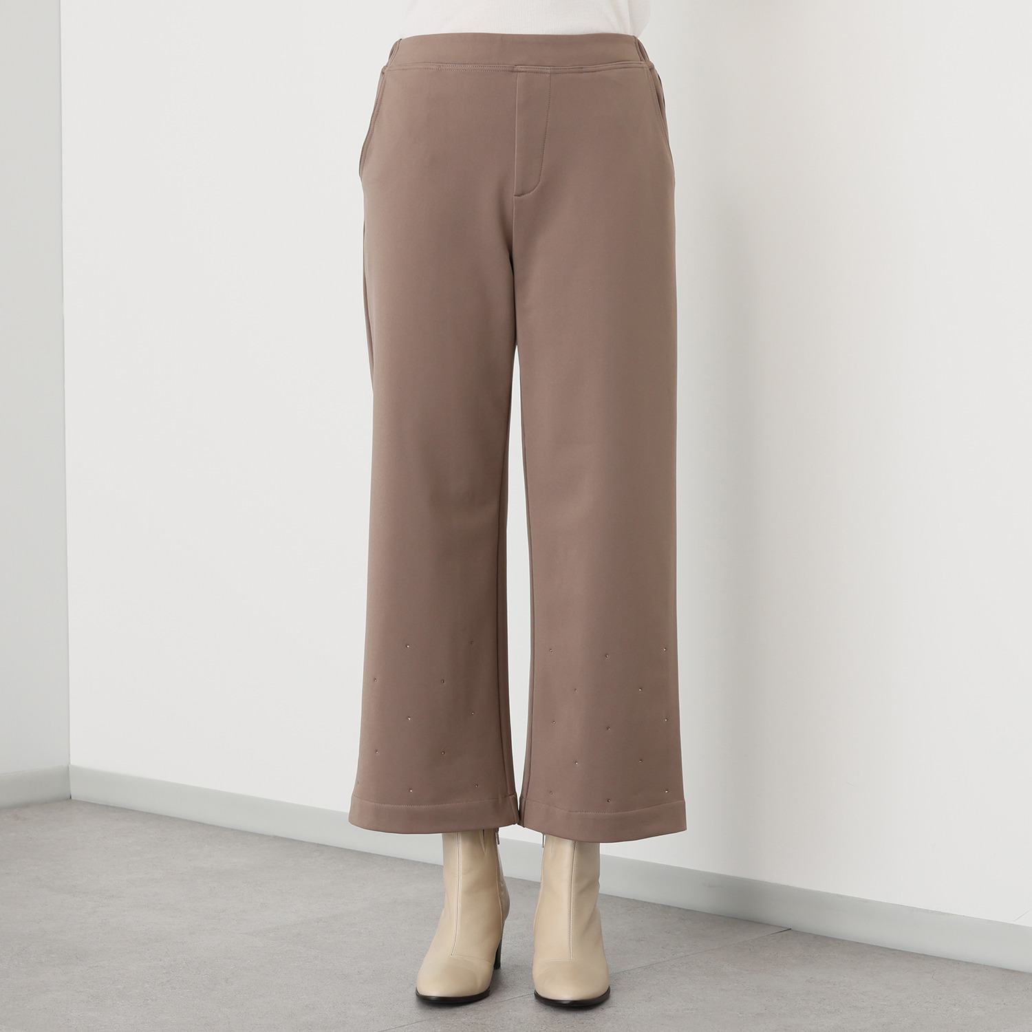 メゾン馬里邑 日本製 ラインストーンアクセント 裏起毛ジャージー パンツ