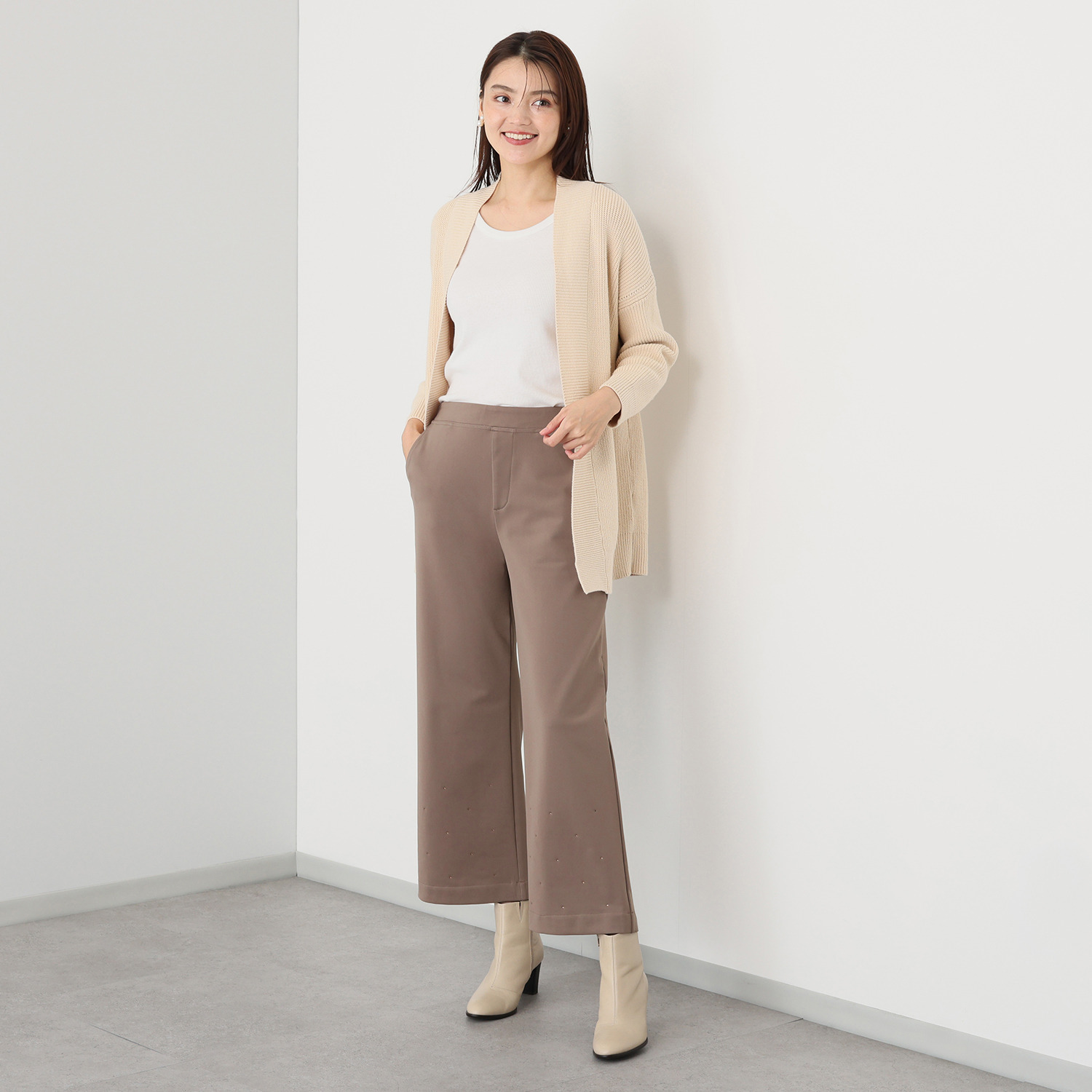 メゾン馬里邑 日本製 ラインストーンアクセント 裏起毛ジャージー パンツ