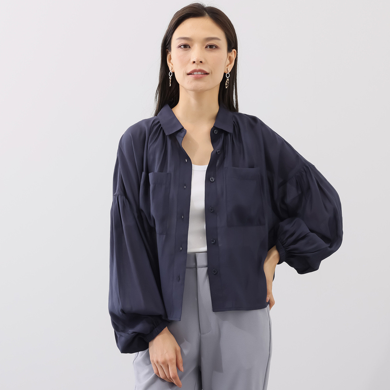 チーロ 接触冷感 涼しい シアーギャザーシャツ