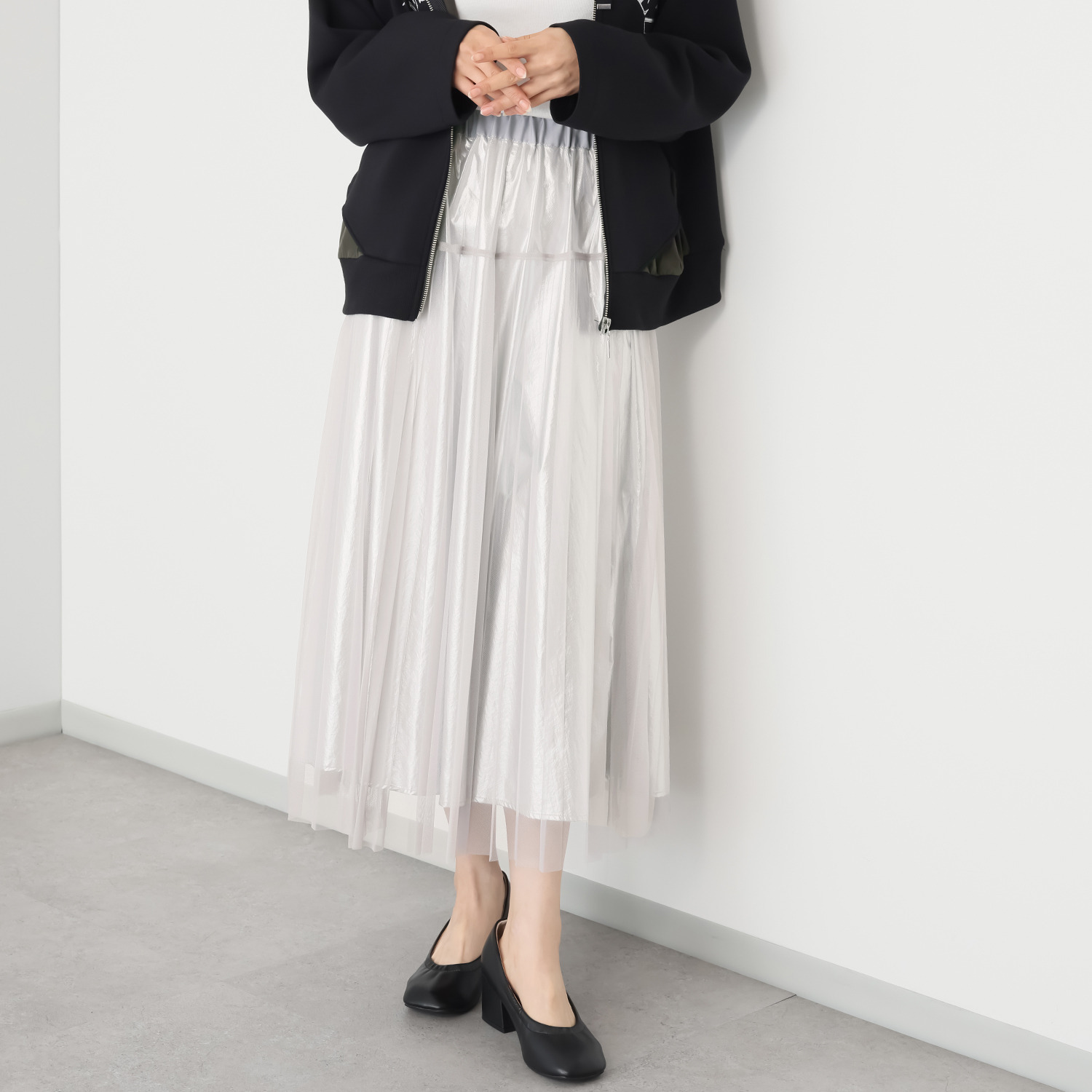 クオリー チュール＆サテン プリーツスカート