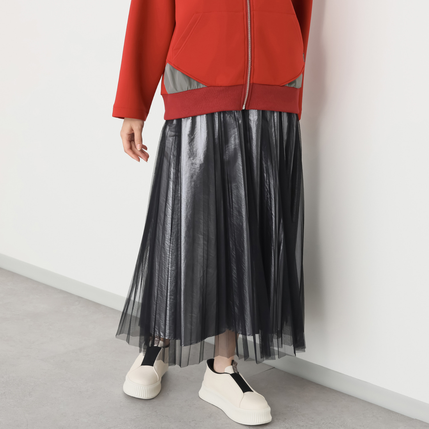 クオリー チュール＆サテン プリーツスカート