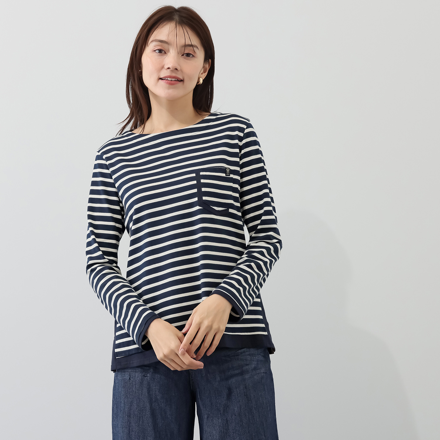 ノーボノーボ ポケットアクセント ボーダーロングＴシャツ