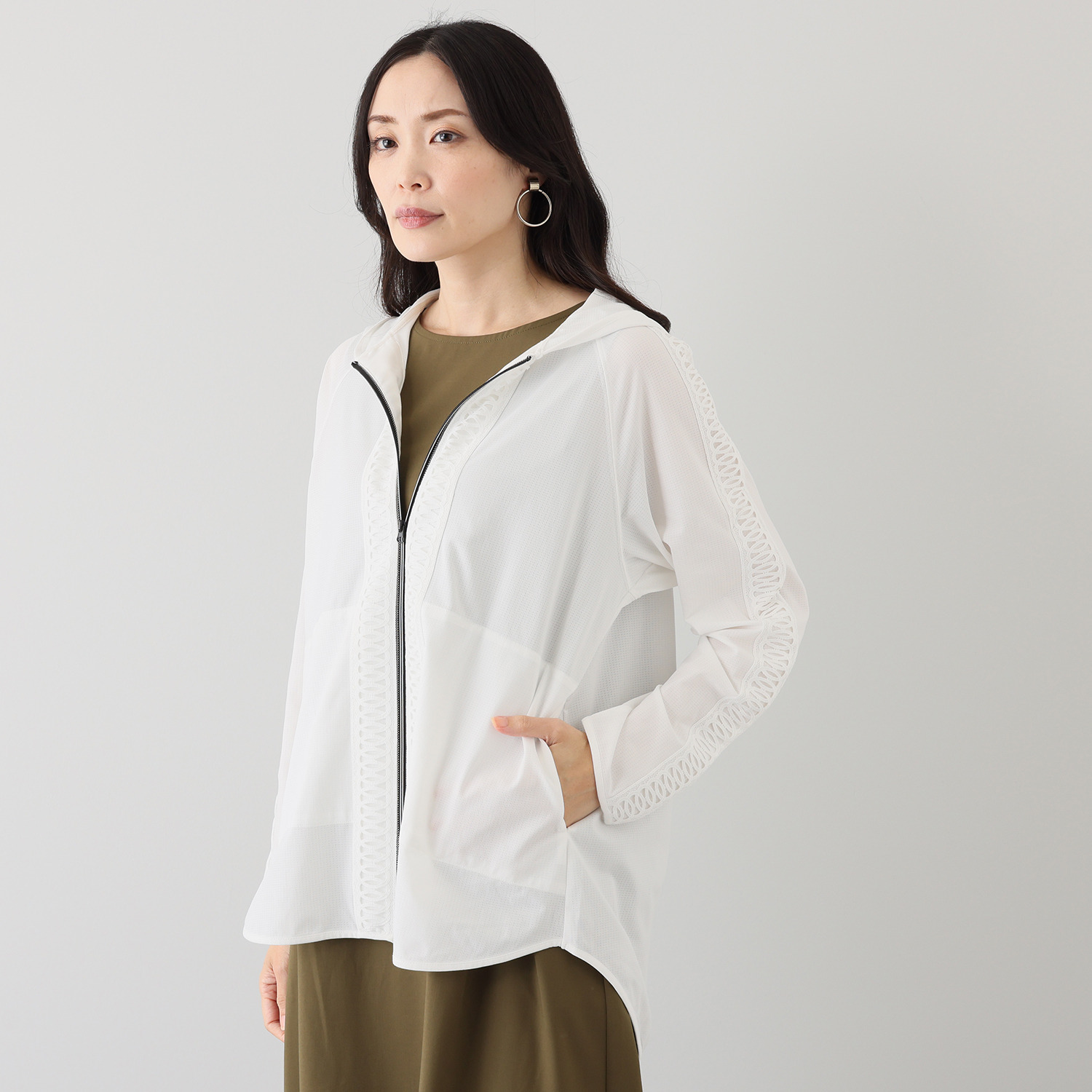 キョウコ　ヒガ ＵＶカット・吸水速乾 サラッと快適 レースアクセント フーディーオーバーシャツ