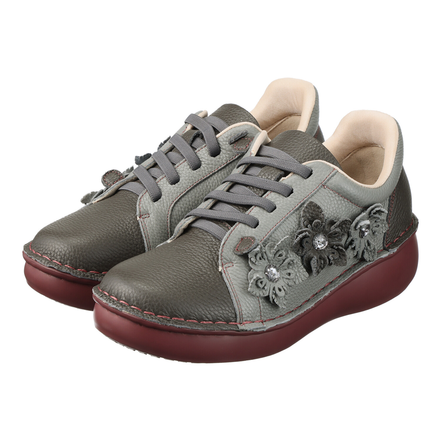 エスタシオン 牛革シュリンク型押し フラワーモティーフ 軽量ゴムレースシューズ