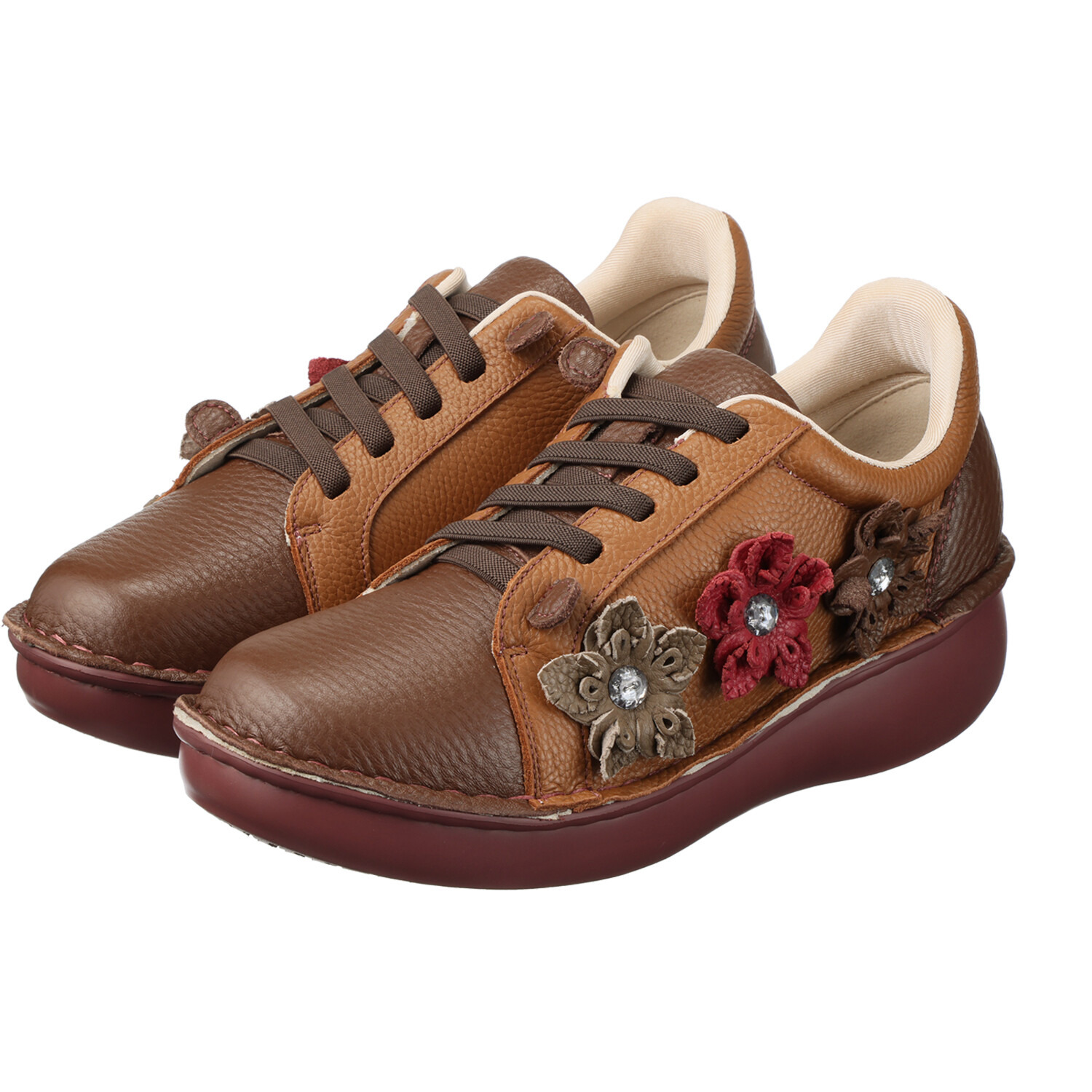 エスタシオン 牛革シュリンク型押し フラワーモティーフ 軽量ゴムレースシューズ